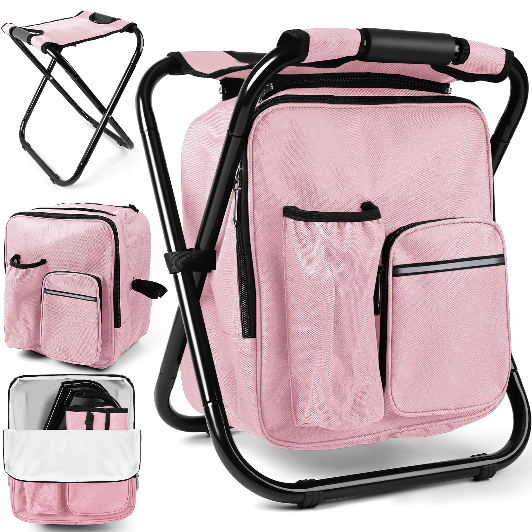 Kikerike Backpack Stool Cooler Chair Heavy Duty 200 LBS Max Load Portable Lightweight Stool Backpack Folding Fishing Cooler Seat for Camping Hunting Fishing - Pink
