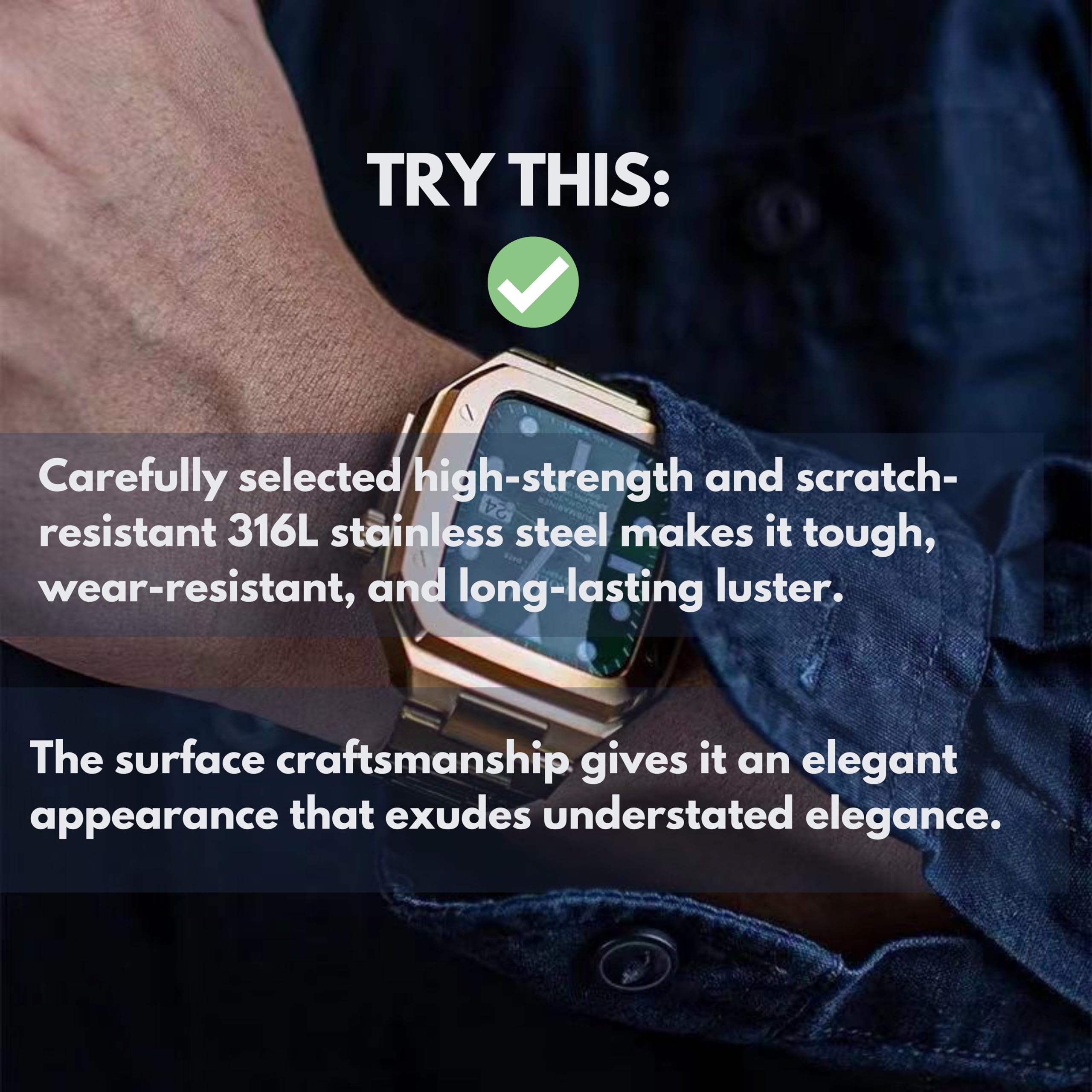 Correa de reloj de acero inoxidable de lujo para hombre compatible con Apple Watch Band 40 41 44 45 46 49 mm, caja dorada y correa para iWatch Series Ultra SE 4 5 6 7 8 9 para mujer