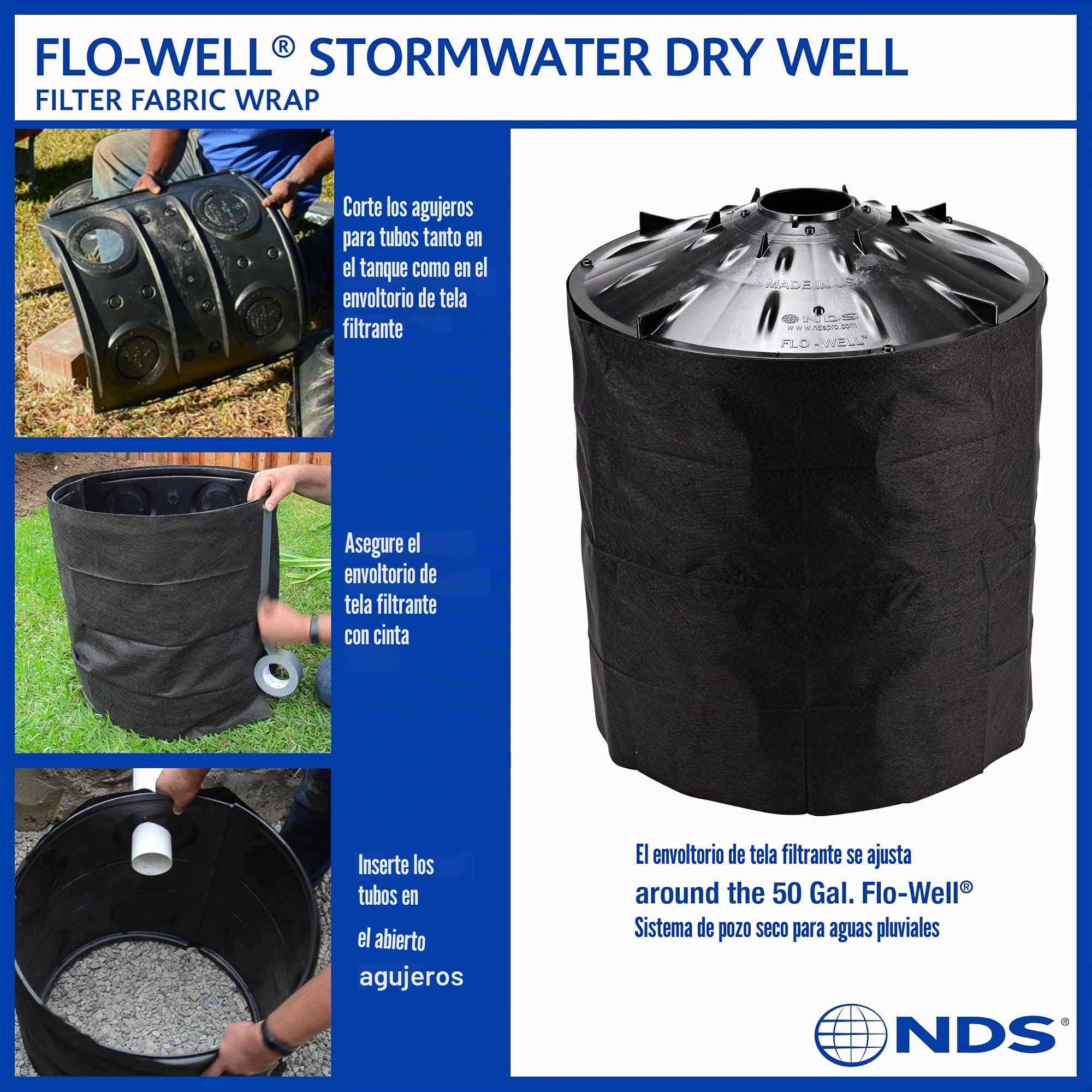 NDS, FWAS24, Contenedor para 190 litros de Agua Kit de Sistema de Pozo seco de Aguas pluviales FLO con 3 Paneles Laterales y 1 Cubierta, Ideal para recolección de Agua de Lluvia, Negro