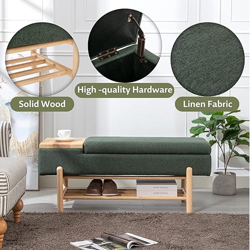 Miniatura 32 de Banco de almacenamiento tapizado para dormitorio, extremo de la cama, banco otomano de lino beige con asiento acolchado, banco de madera moderno