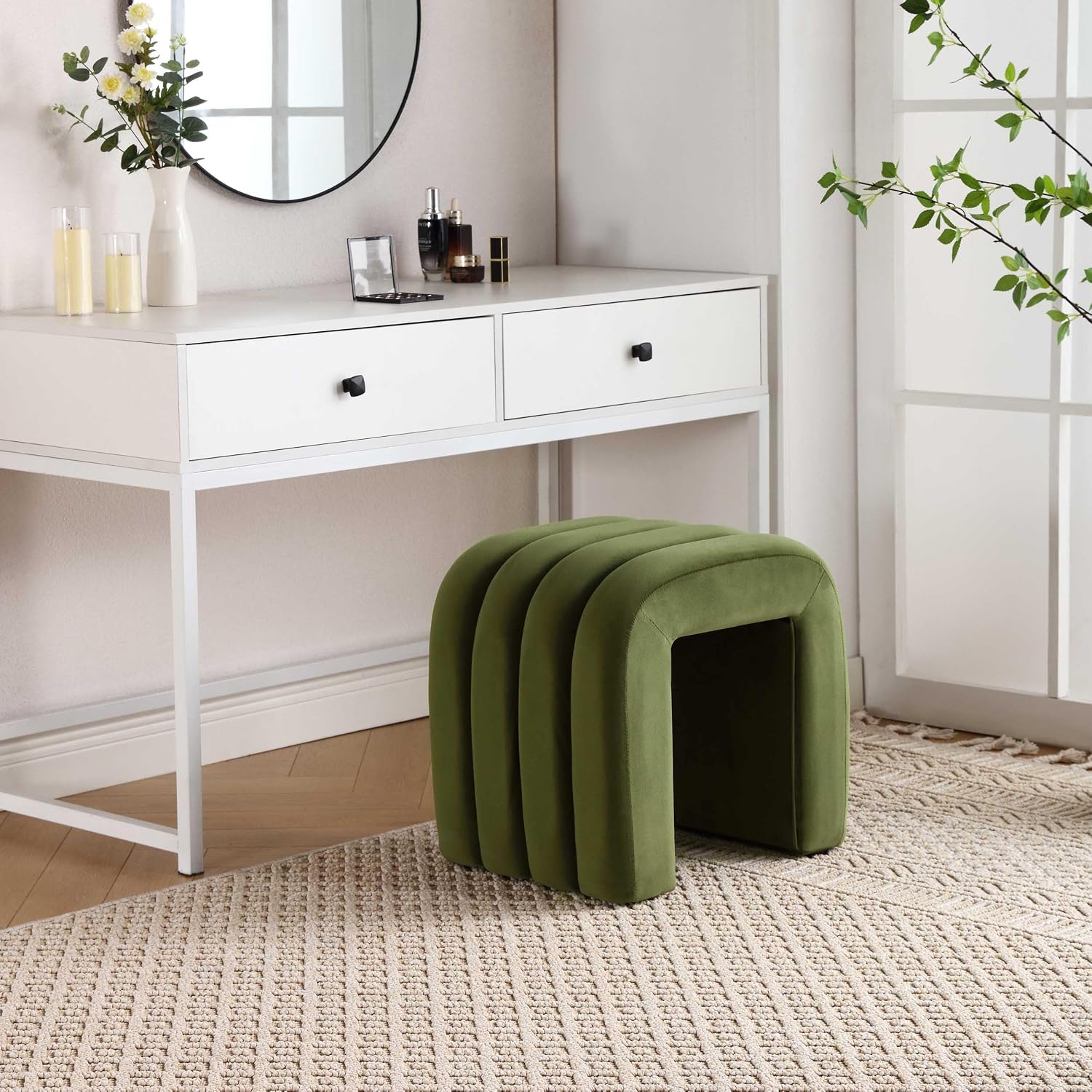Flouki Ottoman Foot Stool with Channel Tufted, Small Ottoman Bench for Entryway, Modern Velvet Vanity Stool Chair, Upholstered Foot Rest Extra Seat for Living Room (Green)