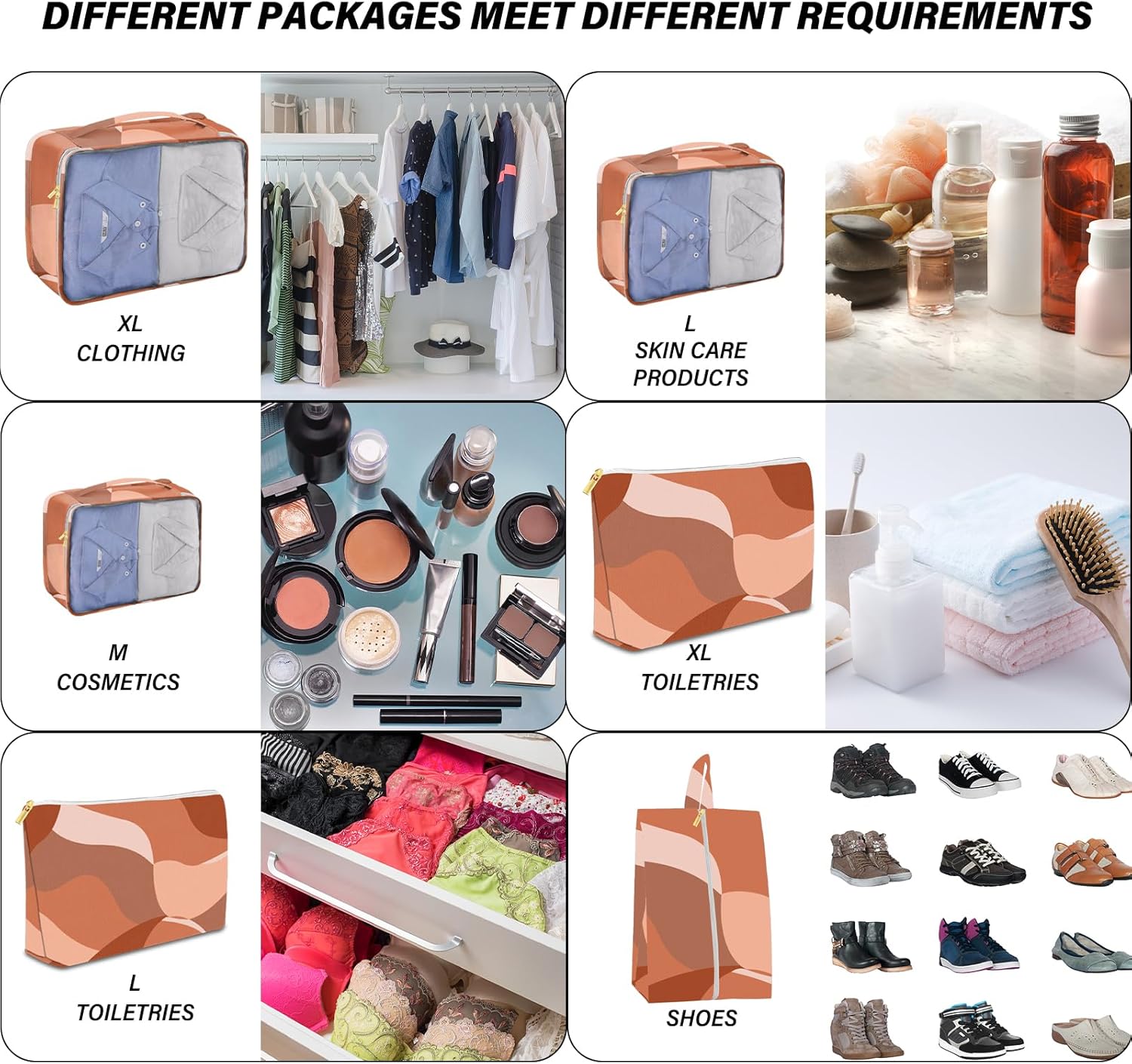 7 Set Packing Cubes Travel Luggage Organizers for Suitcase Travel Accessories with Shoe Bag for Girls Women Aesthetic Art Cute Wave Wavy Leaves-Red Brown - Image 3