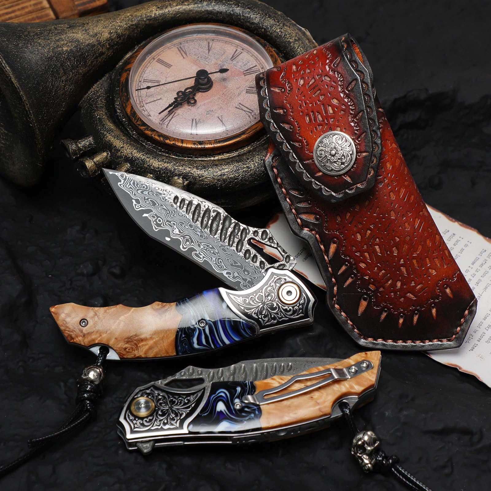 Handgefertigtes Klappmesser aus Damaszenerstahl, 8" EDC-Taschenmesser für Herren, inklusive Lederscheide und Taschenclip, Griff aus Ahornholz mit Harzbeschichtung – ein EDC-Messer, das sich ideal für