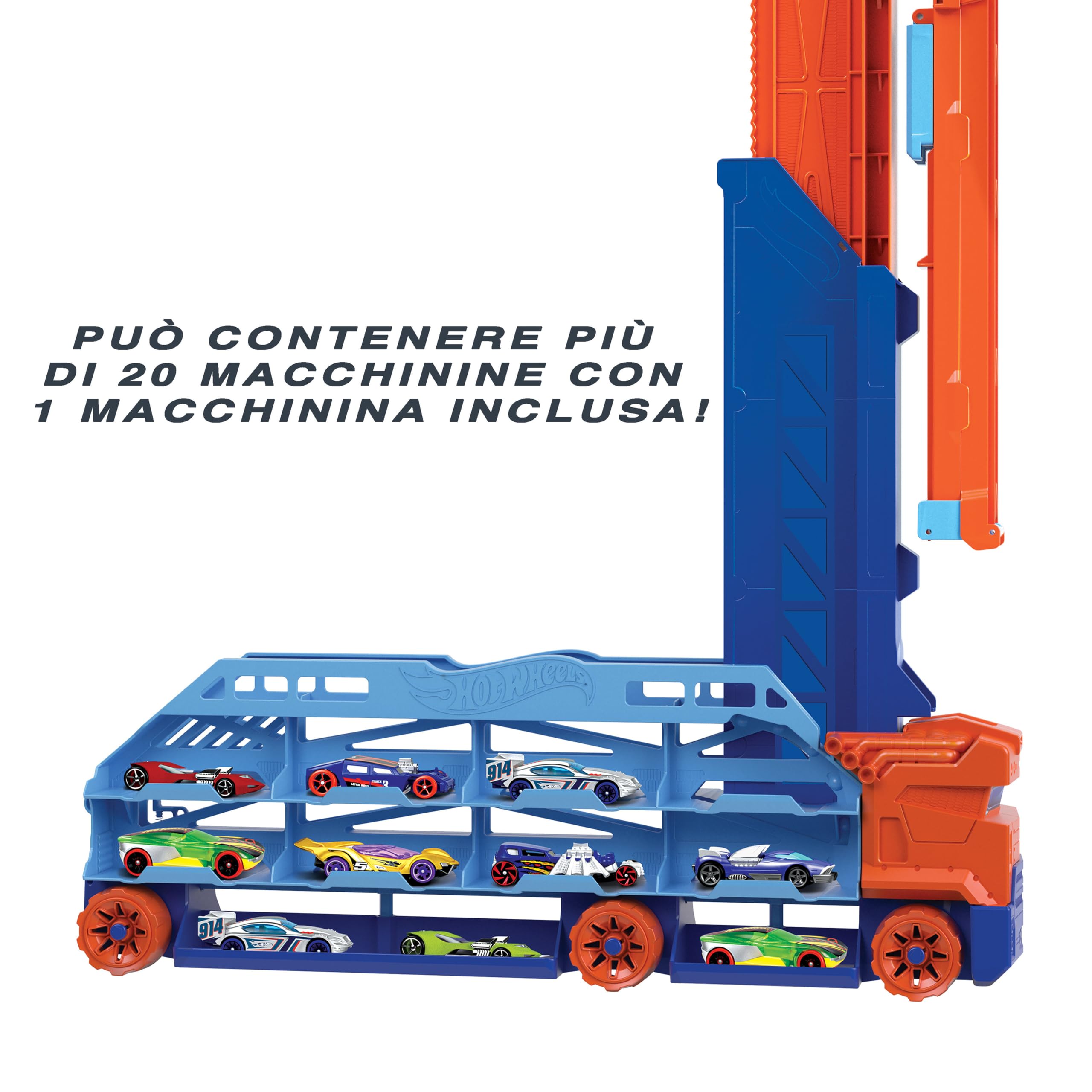 Hot Wheels - Autotrasportatore a Caduta Libera, con 1 macchinina, contiene più di 20 veicoli in scala 1:64, si trasforma in una pista con discesa da 60 cm, Giocattolo per Bambini 4+ Anni, HDY92