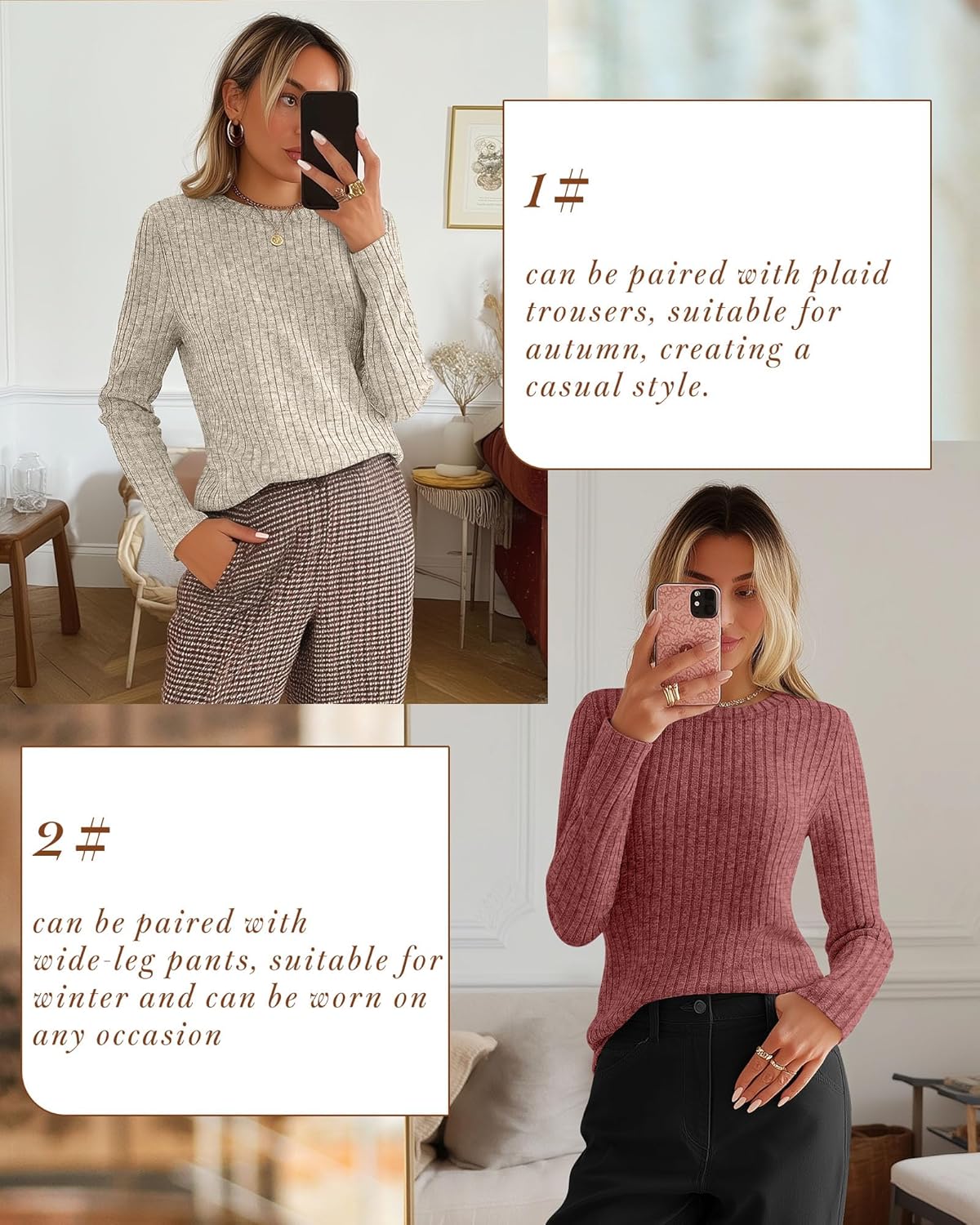 Huukeay 3 Pack Women's Long Sleeve Sweaters, Lightweight Crew Neck Shirts Regular Fit Tunic Tops Casual Solid Color Pullover - Image 3