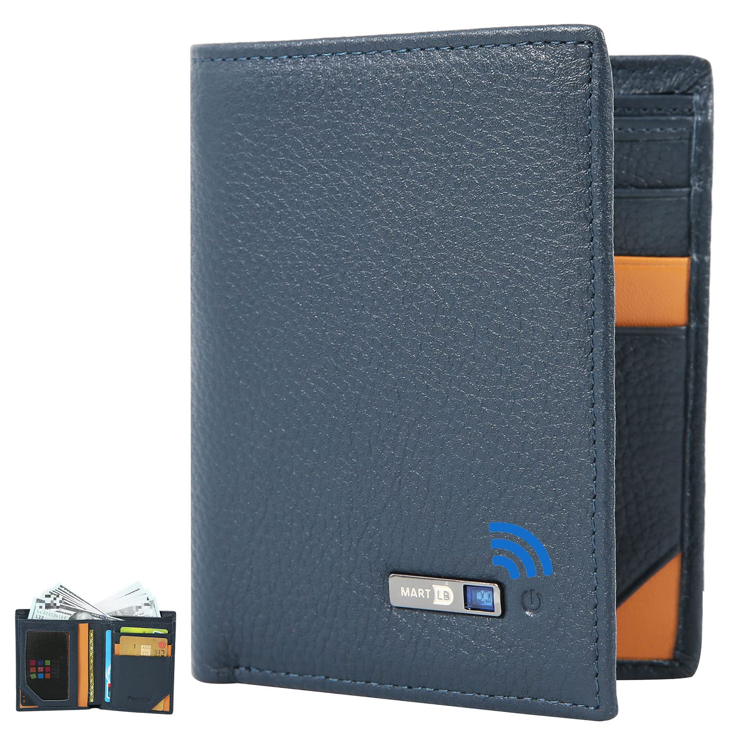 SMART LB Anti-Lost Bluetooth Wallet Tracker & Finder, Mens Slim Minimalist trackable Cool leather wallet Credit Card Holder Gifts with Box (Blue)