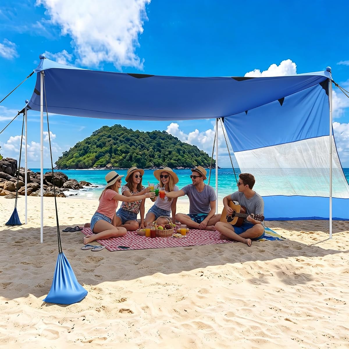 Beach Tent Sun Shelter UPF 50+, 10x10 FT Beach Shade Canopy with 8 Sandbags, Beach Canopy Tents Sun Shade with Side Curtain, Tent for Beach Camping Trips, Fishing, Backyard for Whole Family