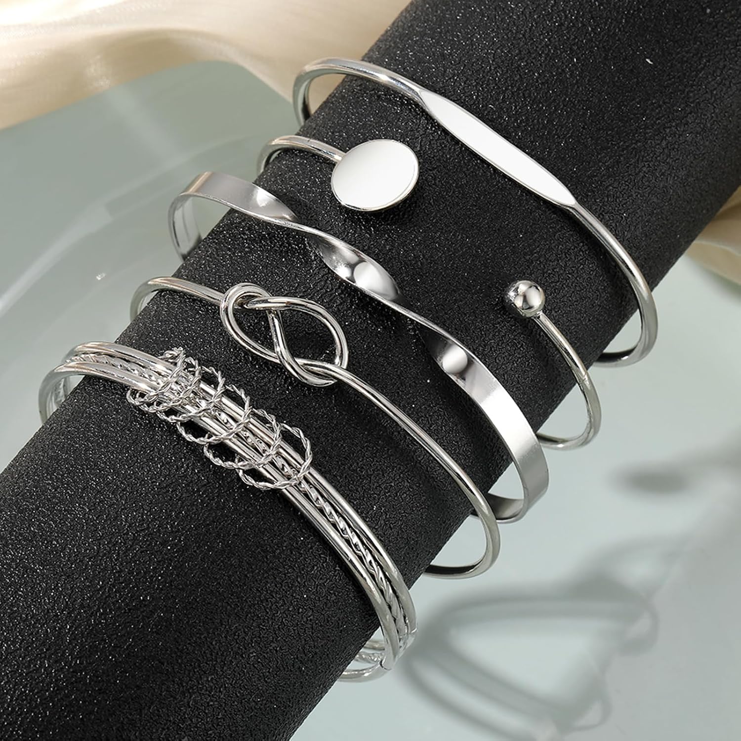 17IF Silver Bangle Bracelets For Women Multi Layer Cuff Bracelet Set image 5