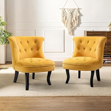 HULALA Home Velvet Accent Chair Set of 2, Modern Upholstered Fabric Armless Wingback Chair with Solid Wood Legs, Comfy Tufted Vanity Club Chair for Reading Living Room Bedroom Guest Room, Mustard