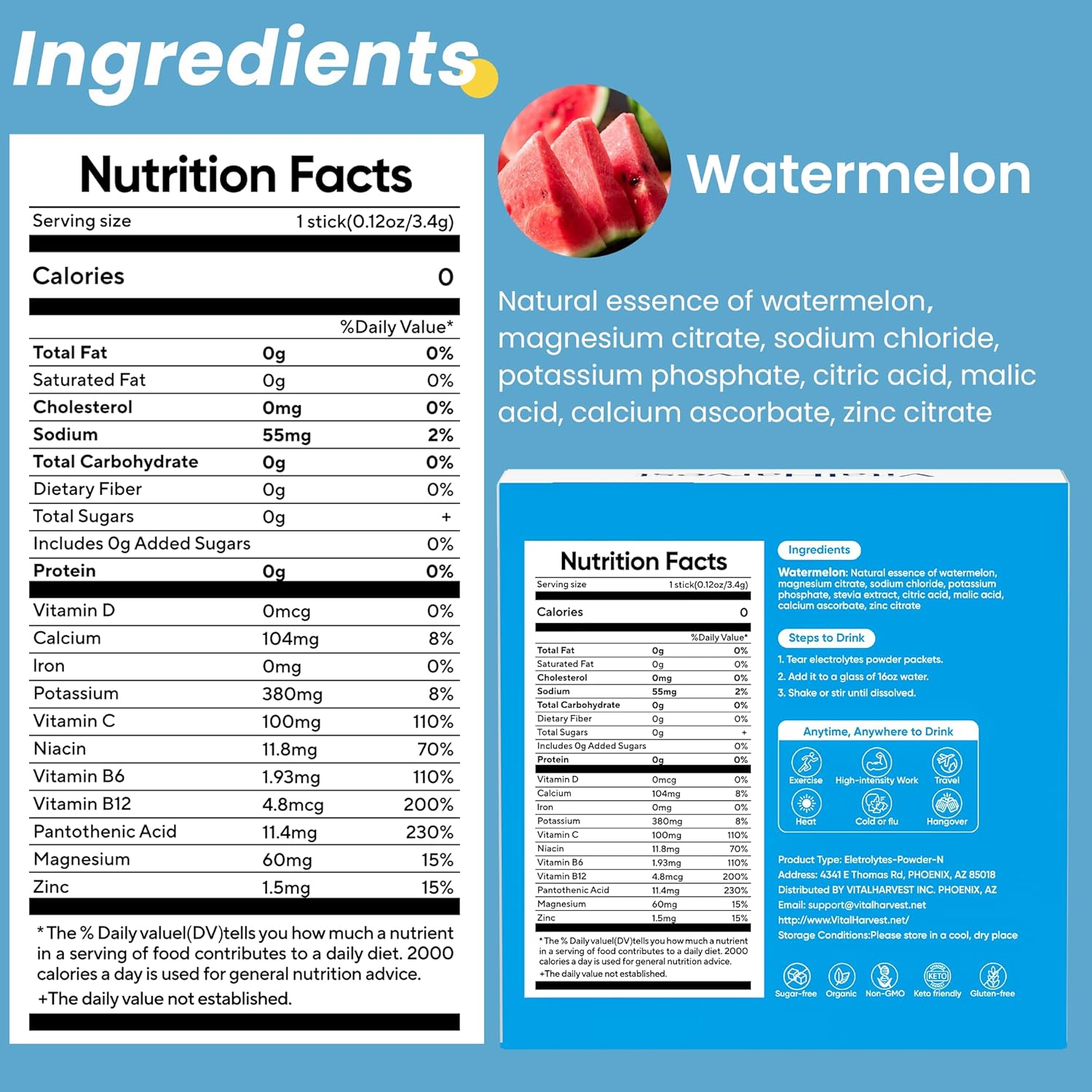VitalHarvest 24 Sticks Electrolytes Powder Packets 7 Flavors Sugar Free Hydration Packets Liquid Daily IV Drink Mix, Low Sodium, Watermelon