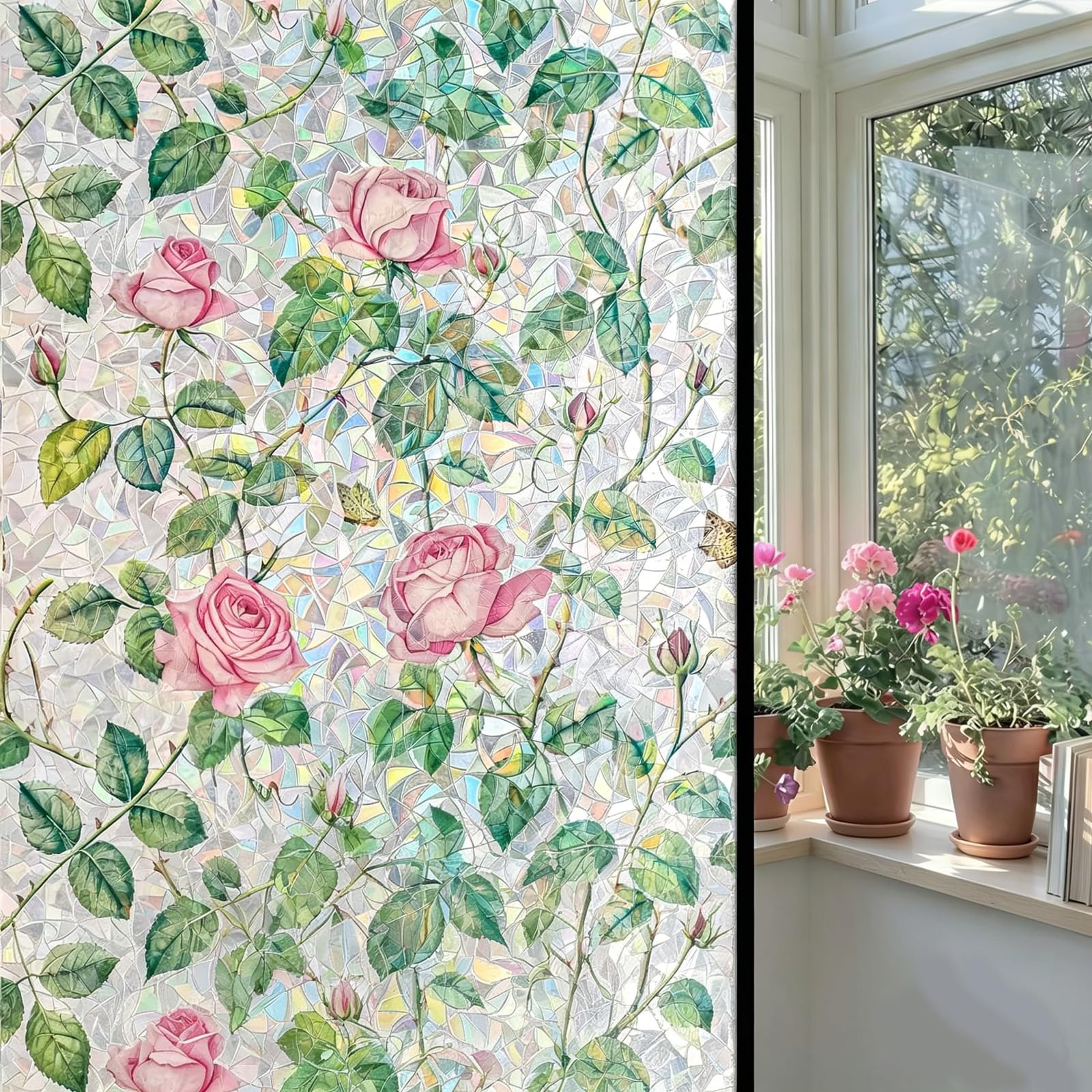 Alvorox Rose Window Privacy Film For Glass Windows, 45X90cm Window Clings Floral Glass Film For Home Kitchen Bathroom Bedroom Car Sunroof
