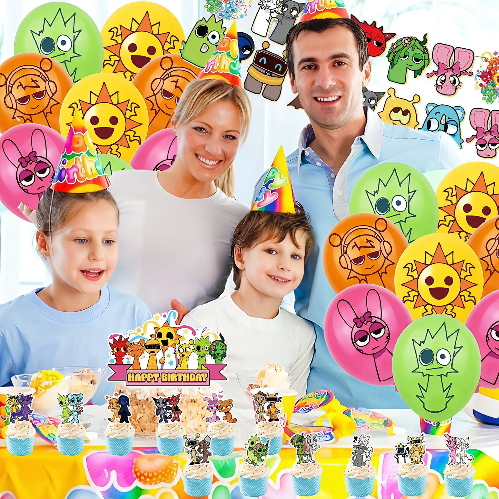 46PCS Cartoon Birthday Party Decorations, Party Supplies Include Birthday Banner Cupcake Toppers Latex Balloons Cake Topper Kids Boys Girls - Image 4