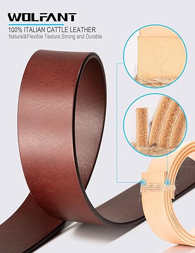Miniatura 3 de WOLFANT Cinturones de trabajo casuales de cuero de grano completo para hombre, 100% cuero liso italiano real