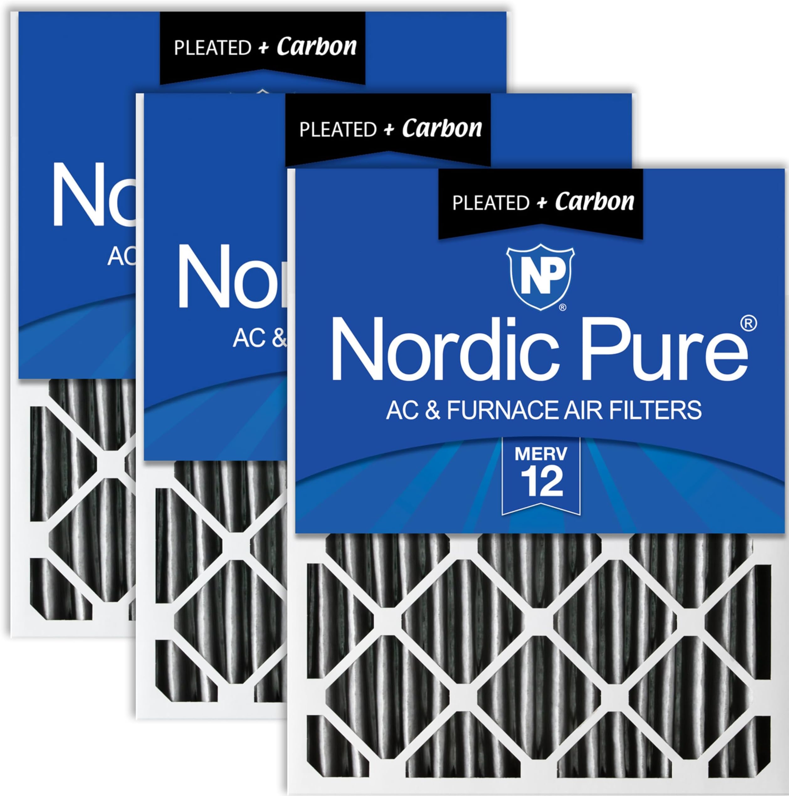 Nordic Pure 16x20x2 (15 1/2 x 19 1/2 x 1 3/4) Furnace Air Filters MERV 12 Pleated Plus Carbon 3 Pack