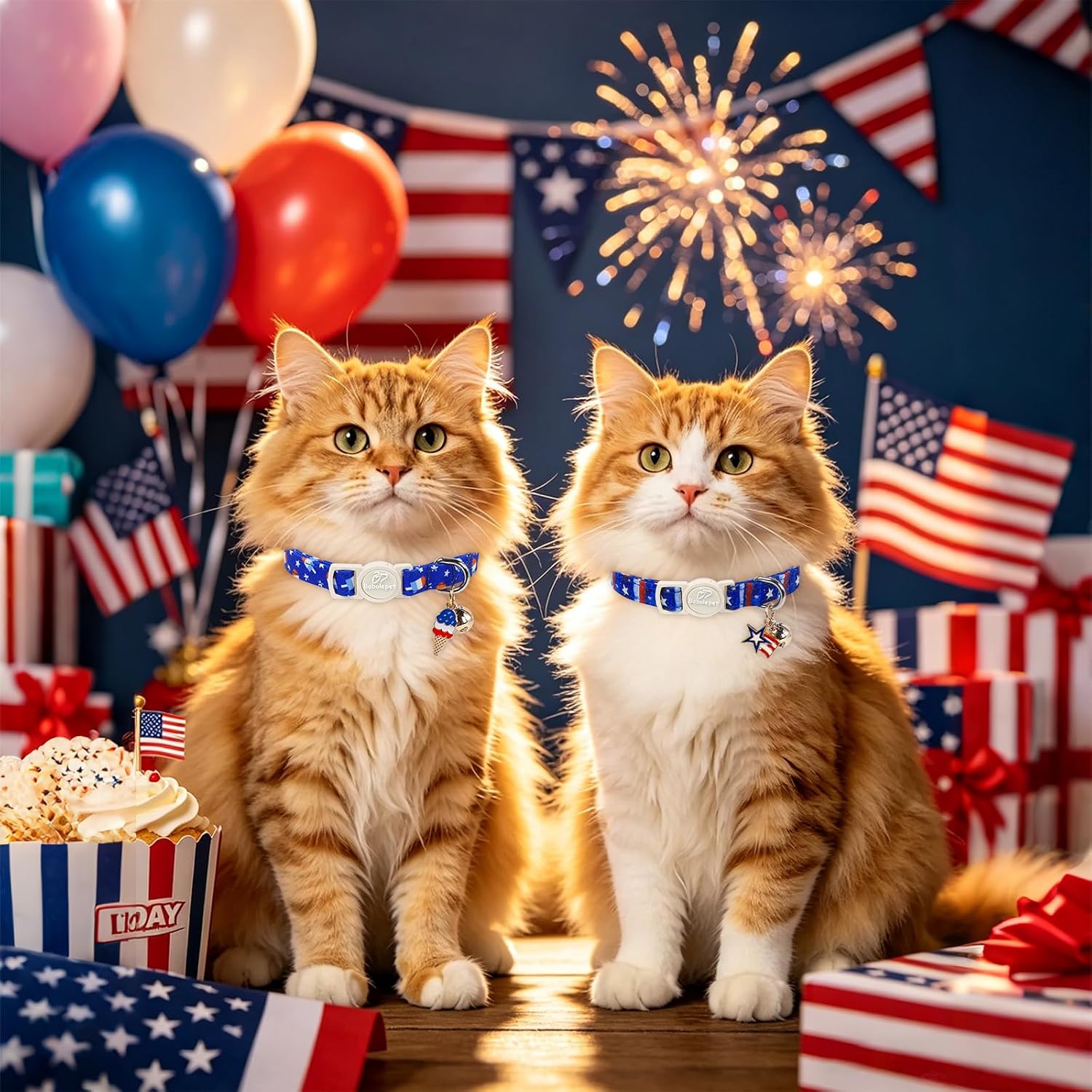 2 Pack 4th of July Cat Collars - Blue Stars & Stripes and Patriotic Popsicle Breakaway Cat Collars, Adjustable Soft Boy Girl Kitten Collar for Small Dogs Puppy with Bell & Pendant image 2