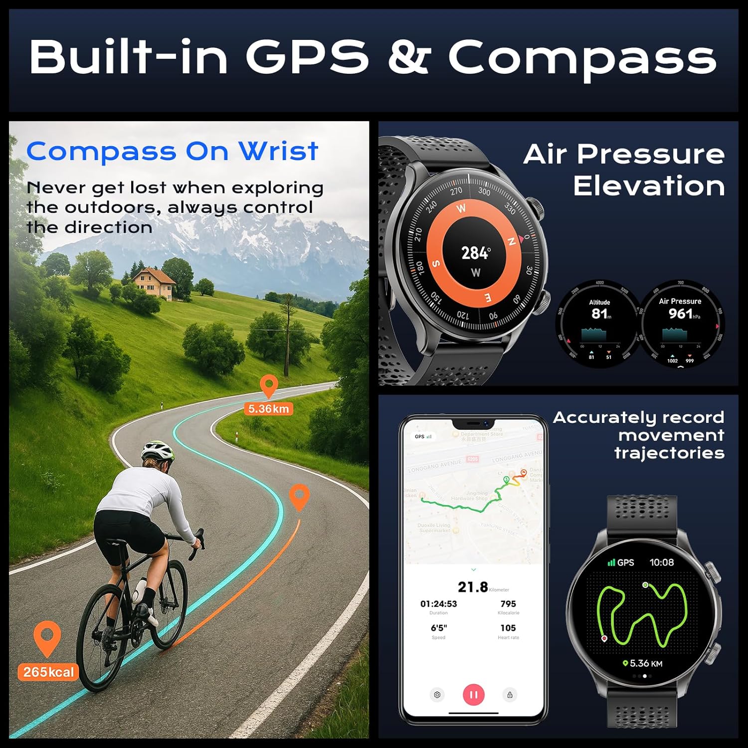 Smartwatch displaying built-in GPS, compass, and air pressure elevation features for outdoor activities.