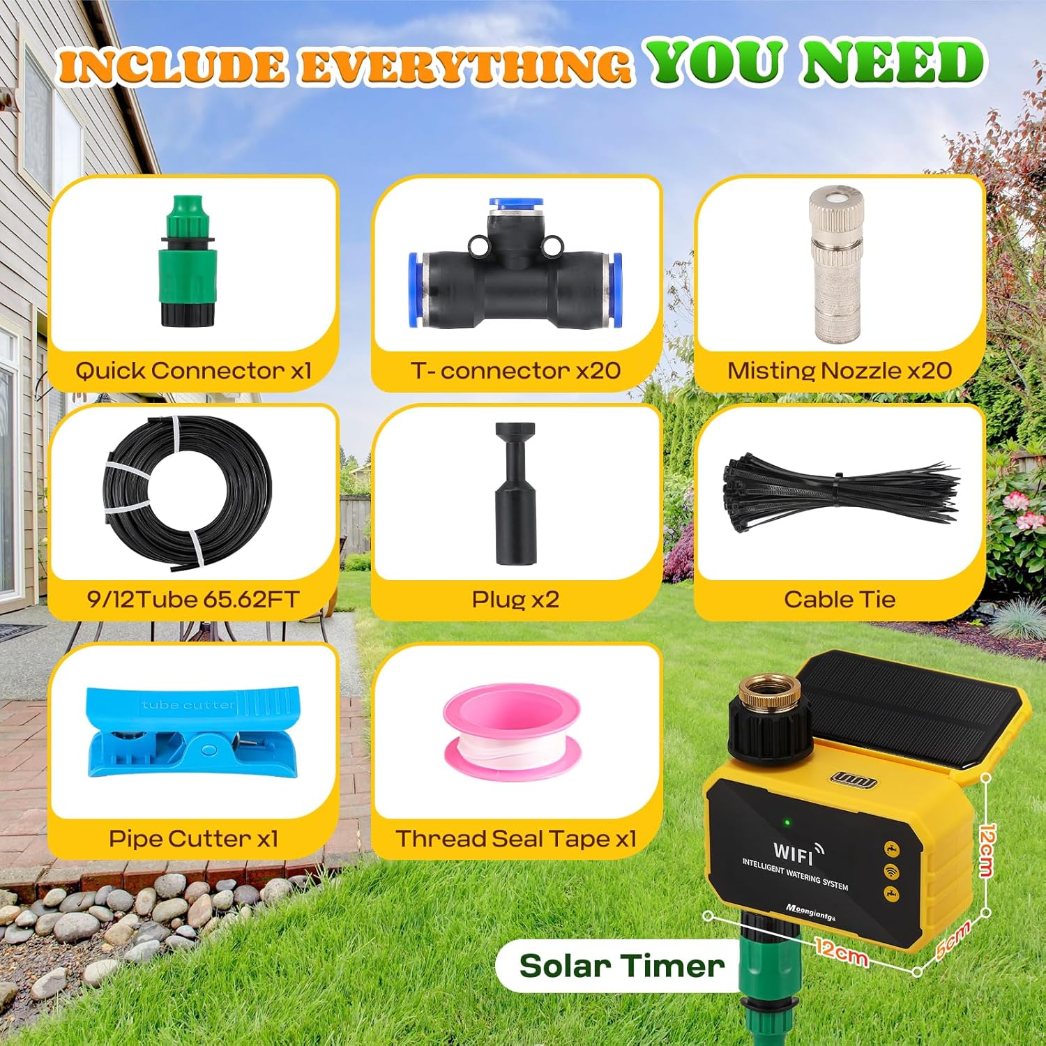 Moongiantgo Outdoor Misting Cooling System with Solar WiFi Water Timer, Misters for Outside Patio with 65.5FT(20M) Water Pipe+20 Misting Nozzles 0.02’’, Mister System for Outside Patio Garden Beaches