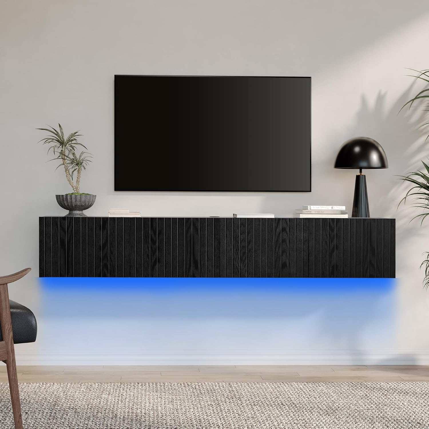 WAMPAT LED Fluted Floating TV Stand, Wall Mounted Entertainment Center with 4 Flip-Down Doors for 80 inch TV, Media Console Wall Unit for Living Room,Bedroom, Light Oak