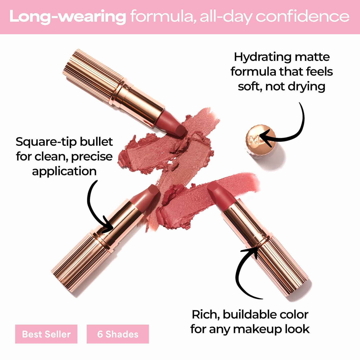 MCoBeauty - Crème Matte Luxe Lipstick - Cheeky Chat, Nude Pink Shade - Long-Lasting Hydrating Soft Matte - Creamy High-Pigment Full Coverage Bullet Lipstick - Vegan & Cruelty Free Lip Color | Creamy Matte Finish, Velvety-Soft Formula, Long-Lasting, All Day Hydration, Square Tip Bullet, Vegan & Cruelty Free - Image 3