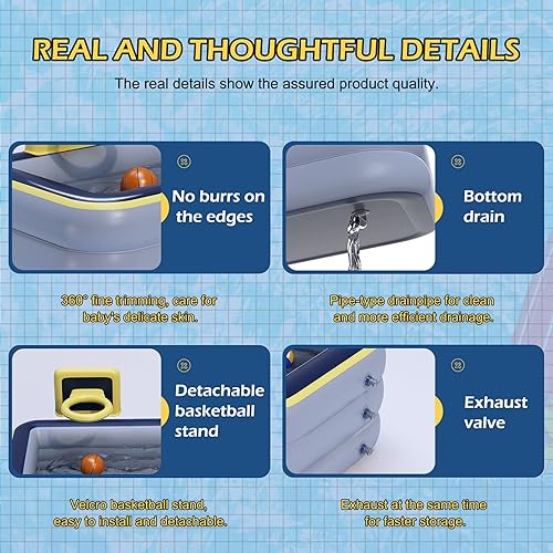 Miniatura 7 de Piscina inflable, piscina infantil con aro de baloncesto, 63 x 33 x 20 pulgadas, piscina familiar de tamaño completo para niños y adultos, piscina