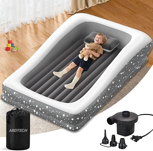 Cama inflable de viaje para niños pequeños – Colchón de aire de seguridad de gran tamaño para niños con 4 lados – Cama portátil de camping para