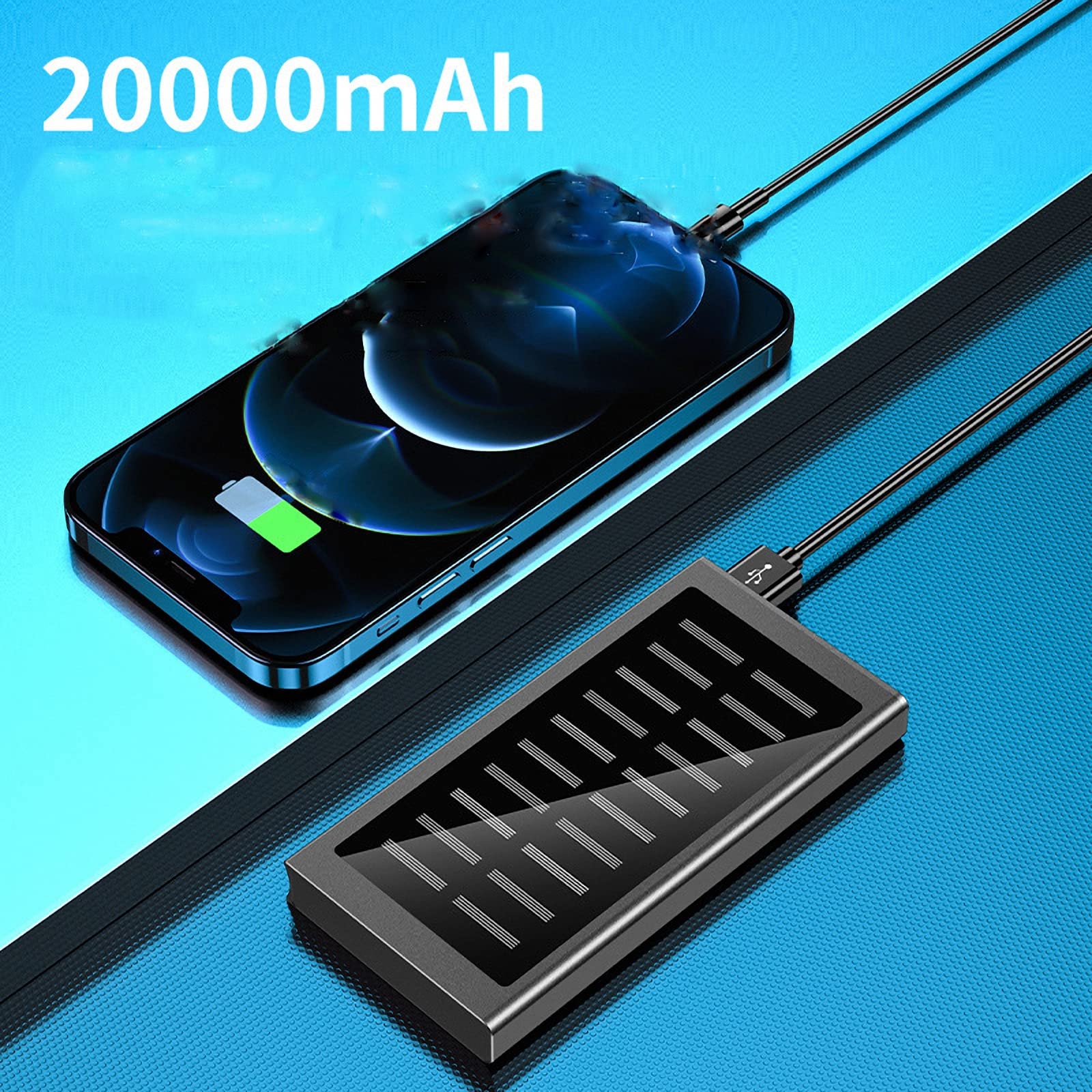 Powerbank solarny 20000 mAh, duża pojemność, cienka i szybka ładowarka do telefonu komórkowego, na kemping na świeżym powietrzu, praca ze światłem LED, zewnętrzna bateria zapasowa, czarna, 20000 mAh