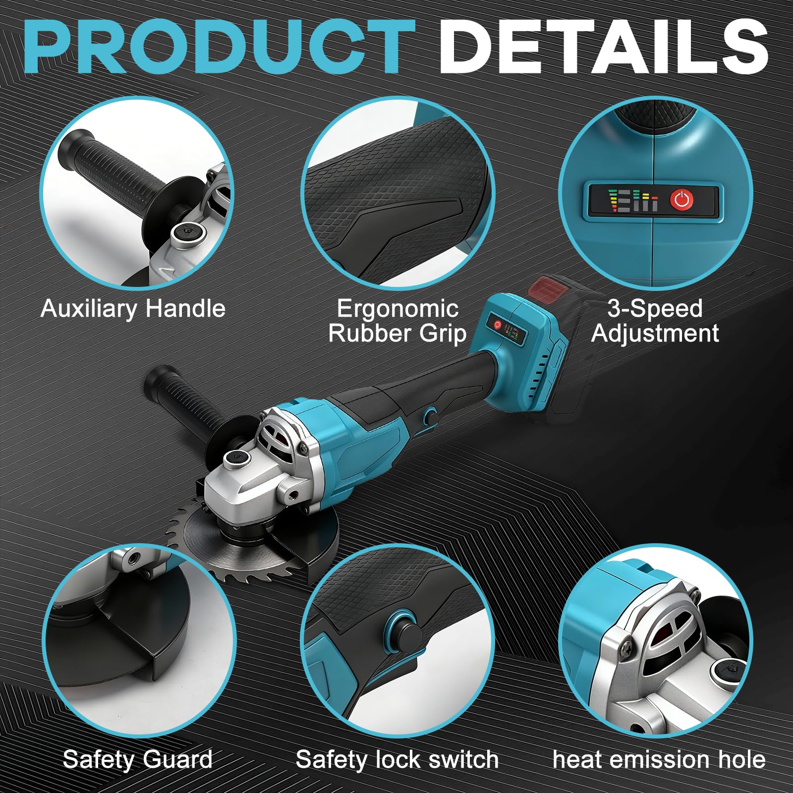 125mm Amoladora angular inalámbrica compatible con Makita 18V batería (sin bateríe), 900 W, 9000 rpm, amoladora angular sin escobillas con 3 velocidades, 12 discos, mango adicional y caja de plástico