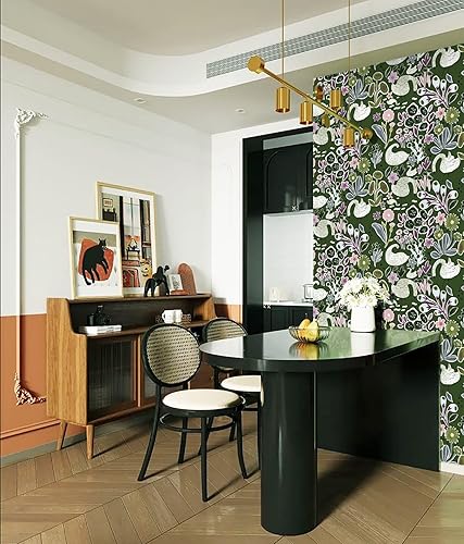 Miniatura 6 de Dimoon Papel tapiz floral de 78.7 x 16.1 pulgadas, color verde y blanco, grueso, impermeable, diseño de gansos, manga abstracta, garabatos, papel de