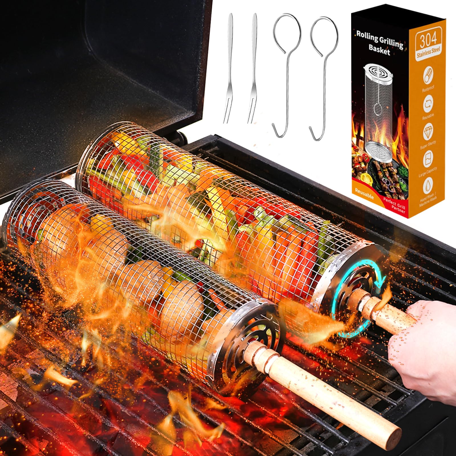2PCS Cestini per Grigliare,Cestello per Griglia Rotante con Maniglia di Legno,Cestino per Barbecue Acciaio Inox,Accessori Barbecue per all'aperto,Cestello per barbecue all'aperto per verdure