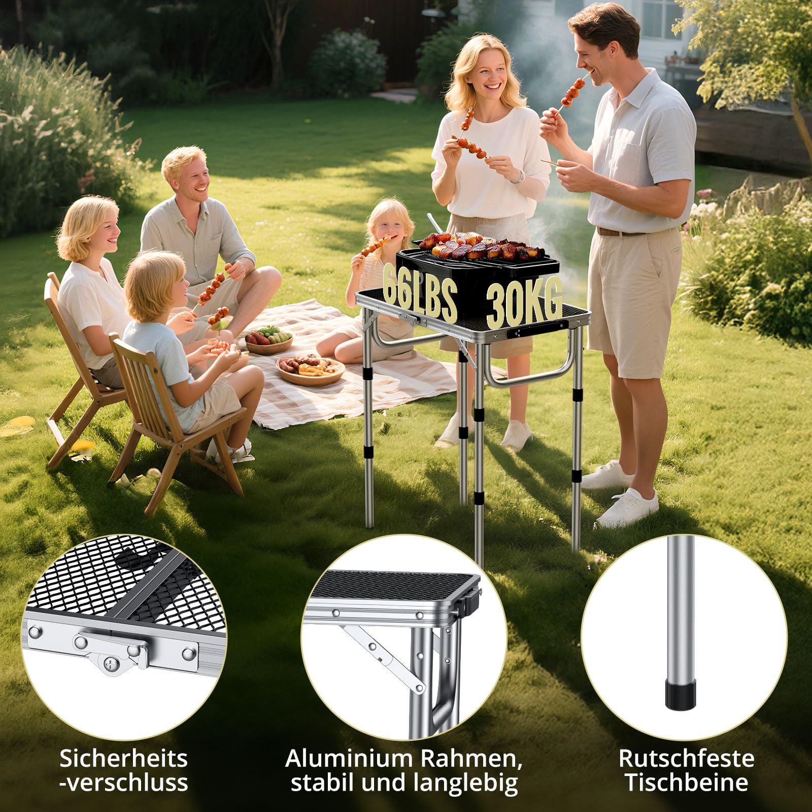 Anbte Campingtisch Grilltisch 58x40cm Metallgitter Tischplatte mit 3 Verstellbare Höhe 26/48/70cm Aluminium Rahmen Klapptisch Tragbar Picknicktisch für BBQ Garten Party Balkon (Silber)