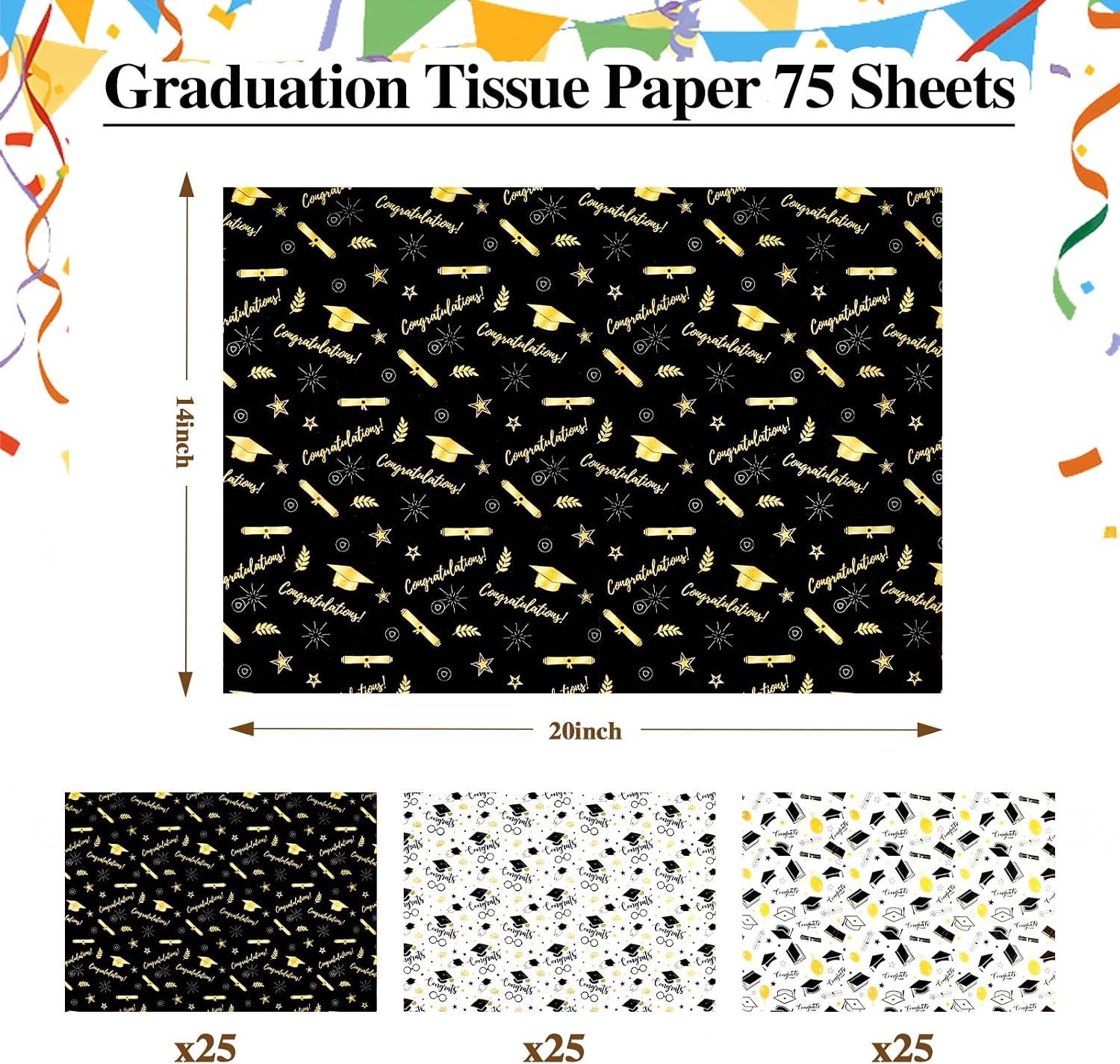 Konsait 75 Sheets Graduation Tissue Wrapping Paper, Black and Gold Tissue Paper for Gift Bags Grad Congrats Decorative Wrapping Papers Craft Supplies 19.7''×13.8''