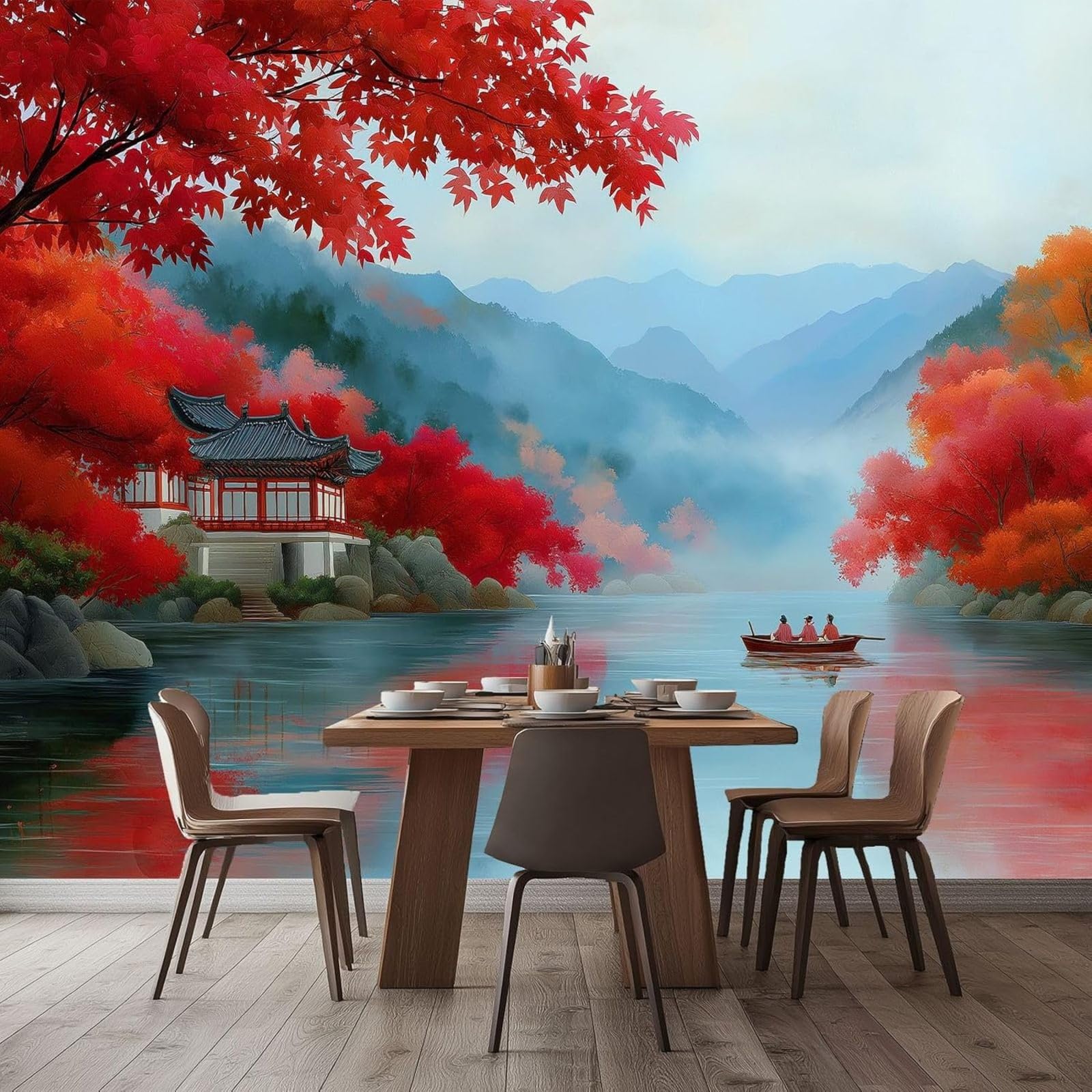pdghsdkgjh Chinese Style Pavilion Wallpaper - Mountain, Water, Trees, Boats - for TV Background & Bedroom - Multicolor Wall Mural, 400cm x 280cm Stickers - Frameless Painting - Poster