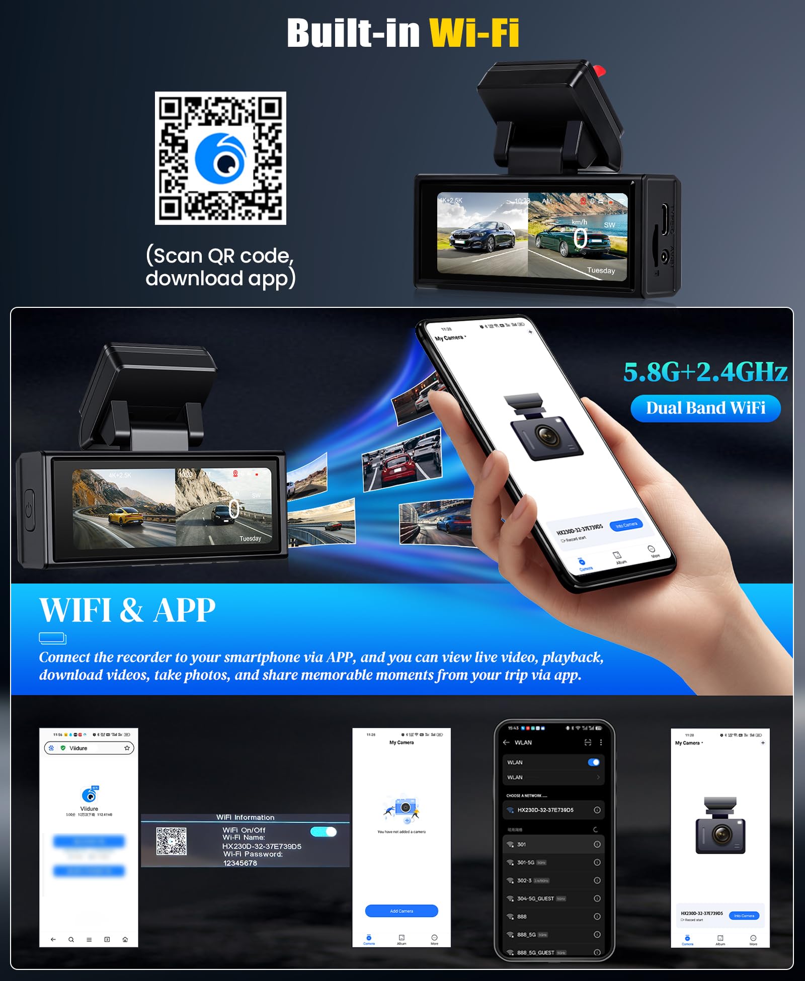 4K + 2,5K Cámara para Coches, Delantera y Trasera, Pantalla IPS de 3,16 Pulgadas, WiFi y GPS de 5 GHz Integrados, ADAS, Sensor G, Visión Nocturna Superior, Grabación en Bucle