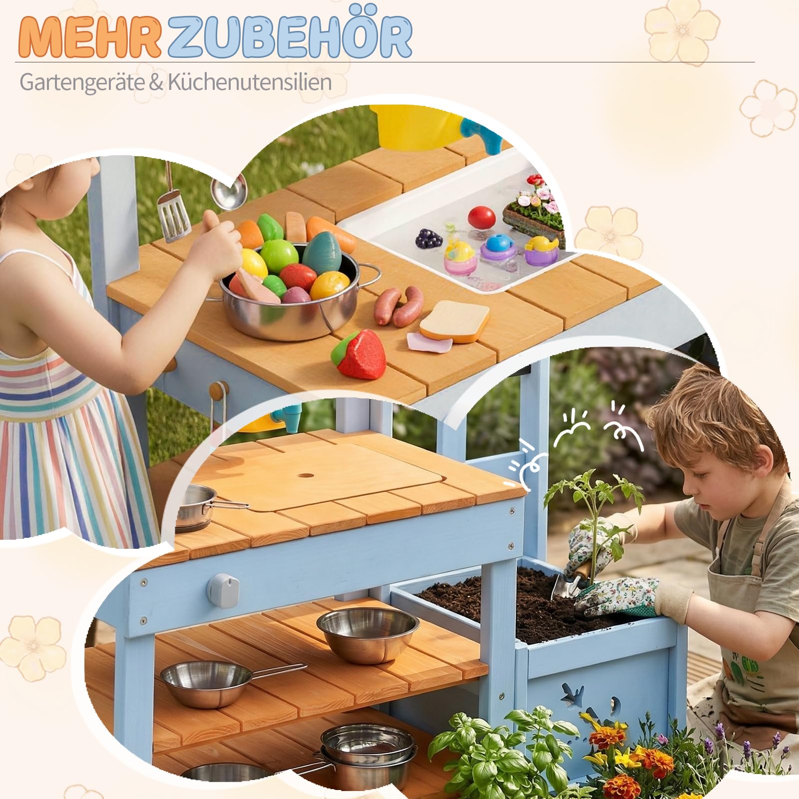 LALAHO Matschküche Outdoor mit Pflanzkasten, Gartenspielküche mit Spüle, Wasserhahn & Blumentopf, Kinderküche mit Herd, Spielküche geeignet für Kinder ab 3 Jahren, Blau