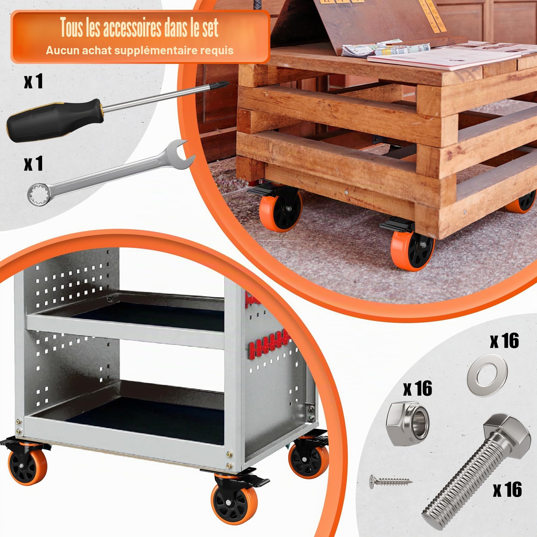 4 pièces roulettes pour charges lourdes Ø75mm avec freins, accessoires de montage inclus Roulettes pivotantes Roulettes de transport Rotation 360° jusqu'à 480KG Portabilité