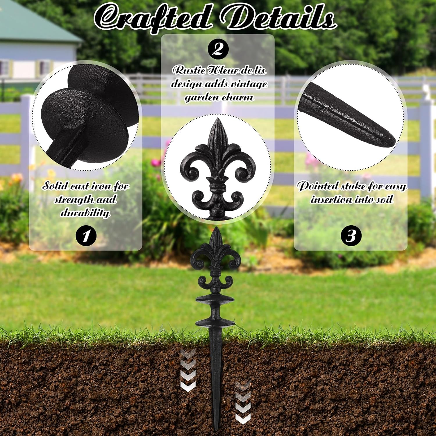 4 Pcs Antique Garden Hose Guide Spike, 13.7" Fleur De Lis Decorative Cast Iron Finial Stakes Heavy Duty Metal Plant Saver Tools Outdoor Hose Protection for Lawn Yard Patio(Black,Single Style)