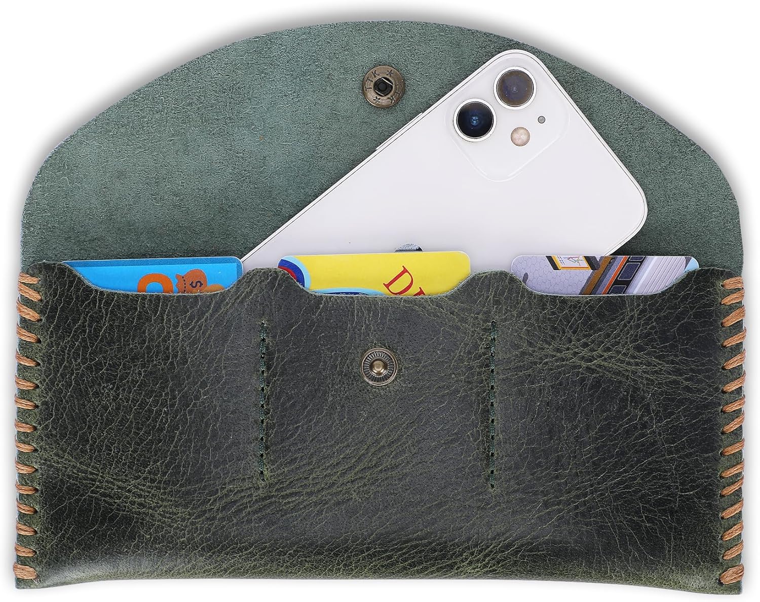 Green Leather Currency Pouch Money Bag with 3 Credit Card Wallet | Genuine Leather Currency Organiser For Men & Women | Handmade Dollar Bills Organiser Money Pouch Cash Bag - Image 9