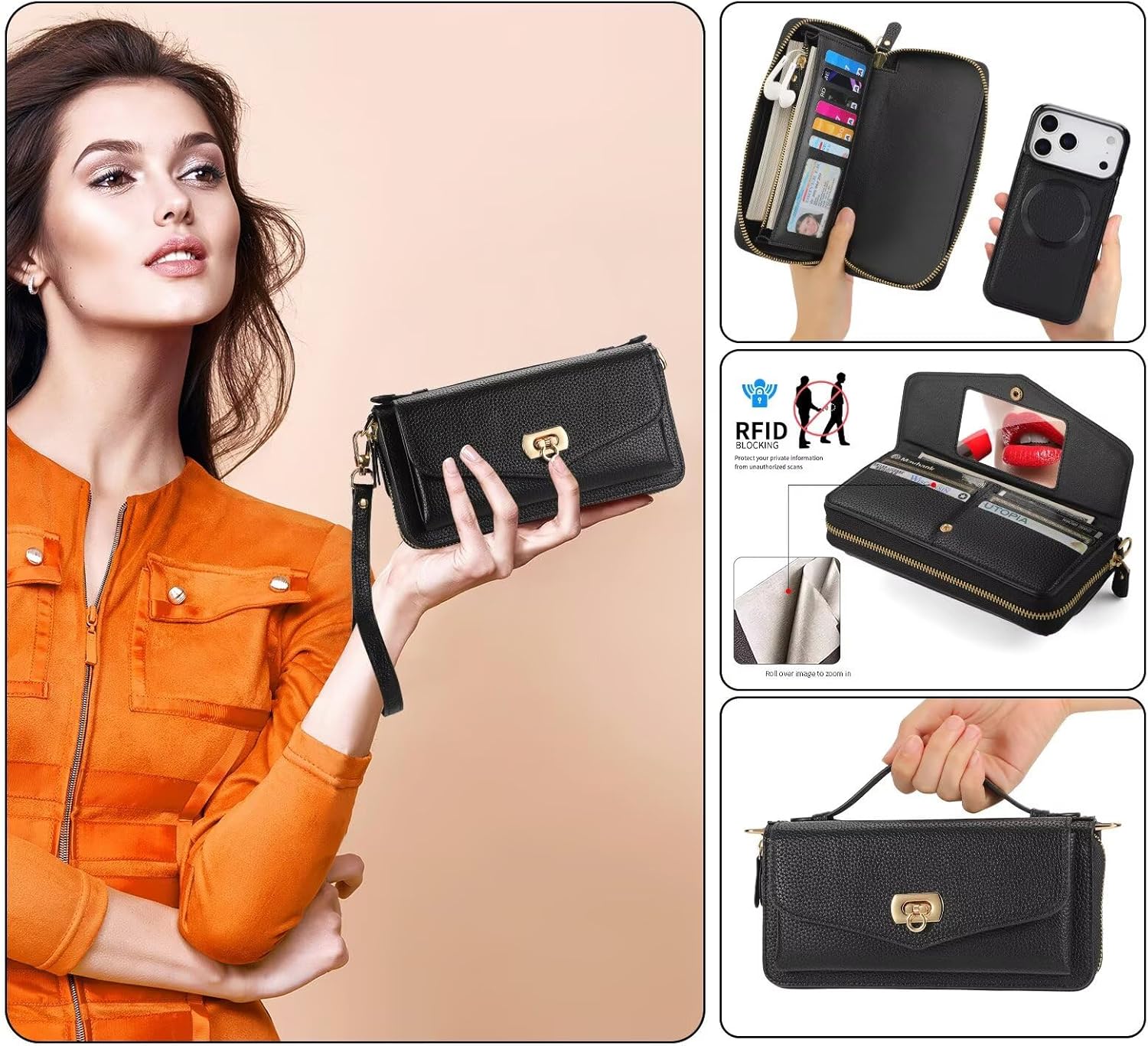 for iPhone 17 Pro Max Wallet Phone Case, Magnetic Removable Leather Flip Zipper Purse Shoulder Strap Cover for Women with Card Holder, RFID Blocking, Wristband, Wireless Charging Black