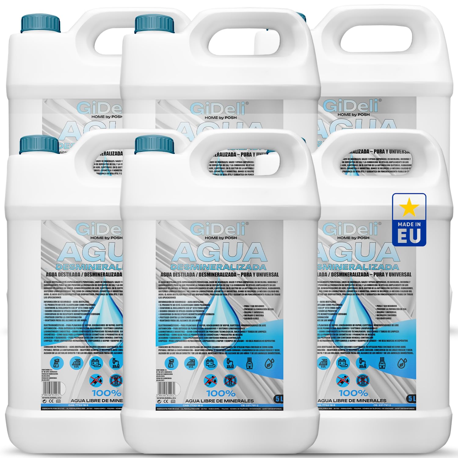 GiDeli Agua desmineralizada, 6 x 5 l, agua destilada para planchas, baterías, radiadores, humidificadores, acuarios y laboratorios, agua sin cal, inodoro, transparente