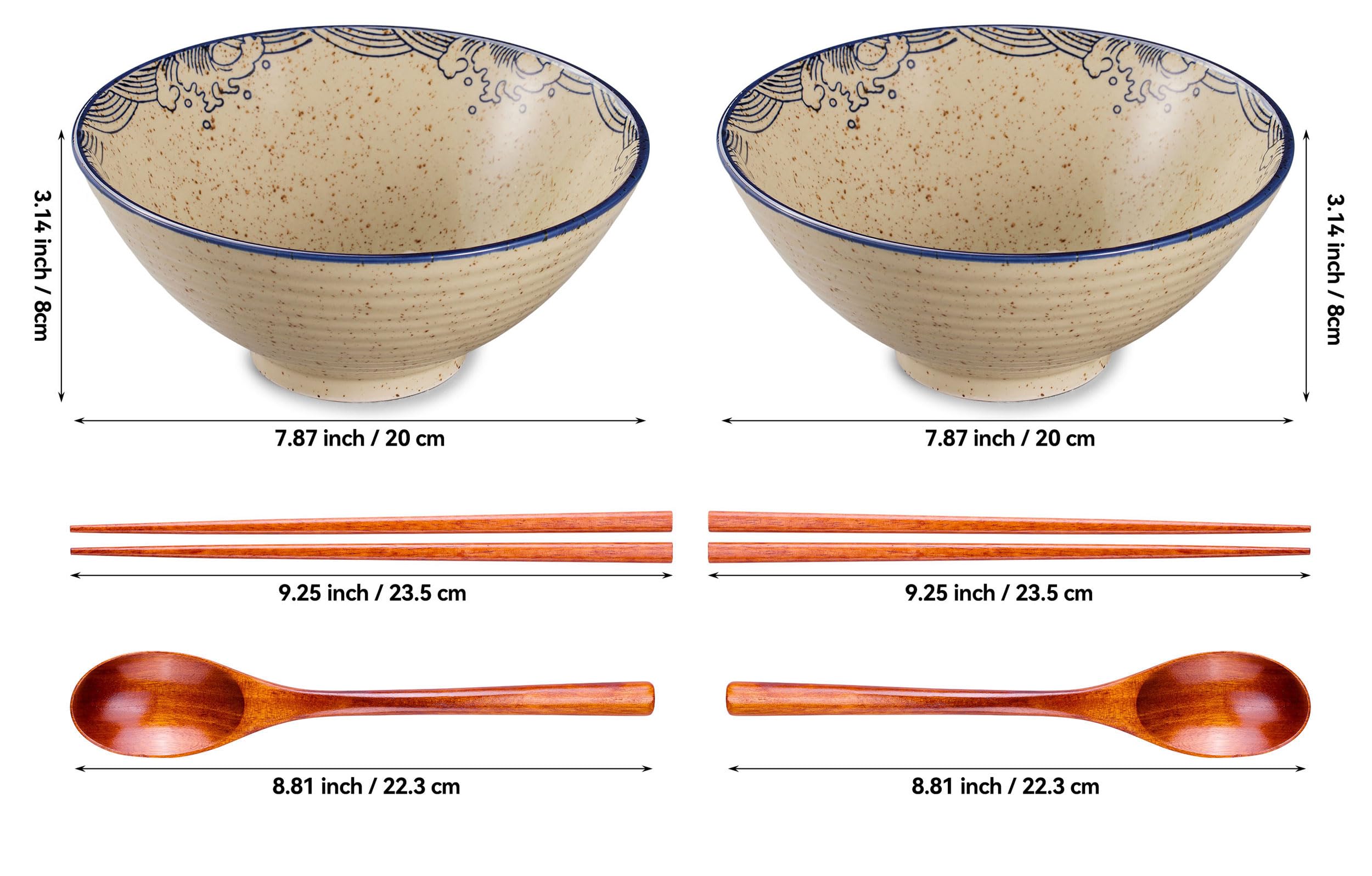 2 cuencos de cerámica para ramen de 40 onzas, cuenco grande de sopa de fideos japoneses de 8 pulgadas, palillos y cucharas a juego, adecuados para Pho, fideos asiáticos Udon (juego de 2