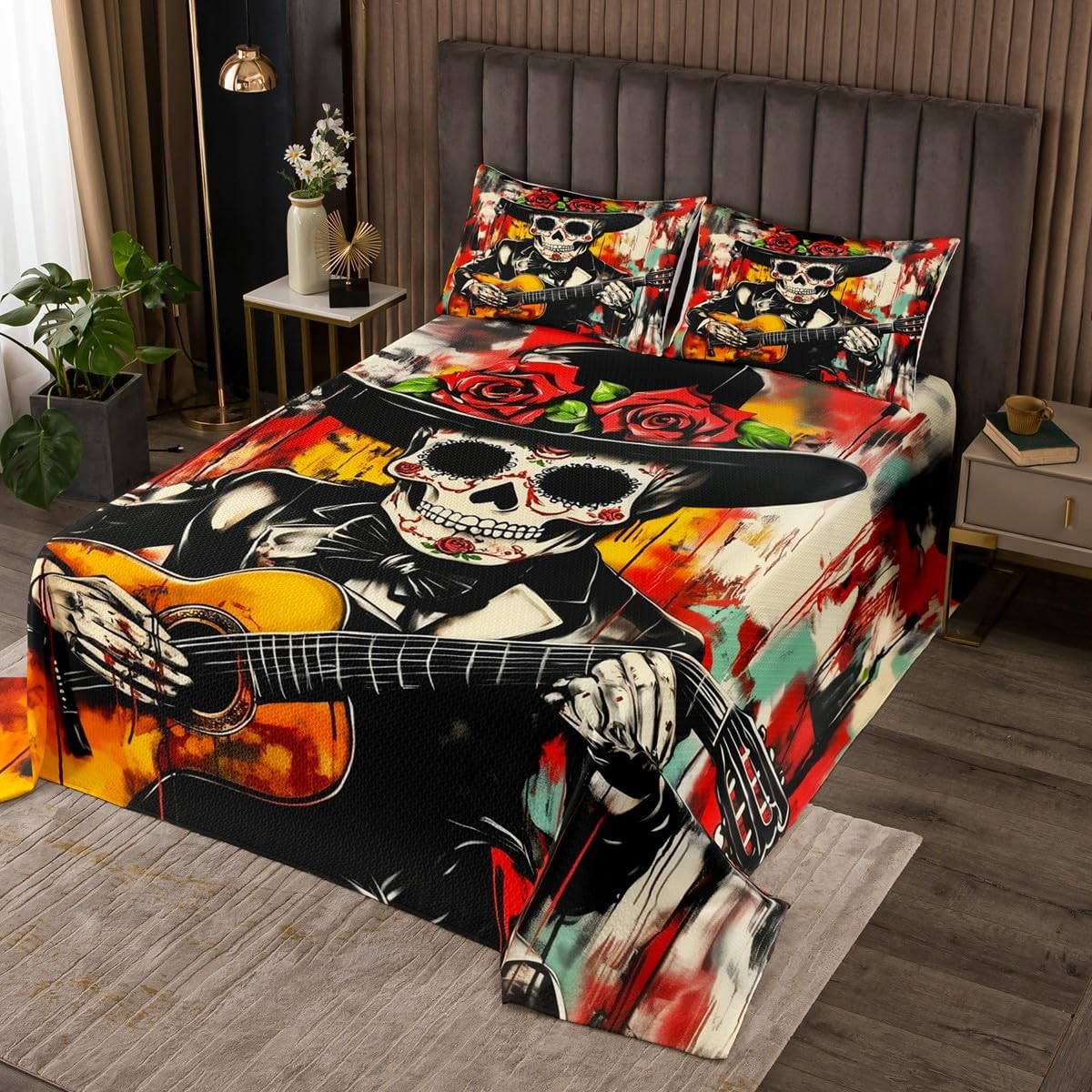 Skeleton Bride Bedding Set Queen Size,Gothic Sugar Skull Bedspread 3Pcs,Horror Style Castle Comforter Set for Kids Girls Boys Teens Room Decor,Halloween Theme Quilt Coverlet,2 Pillowcases