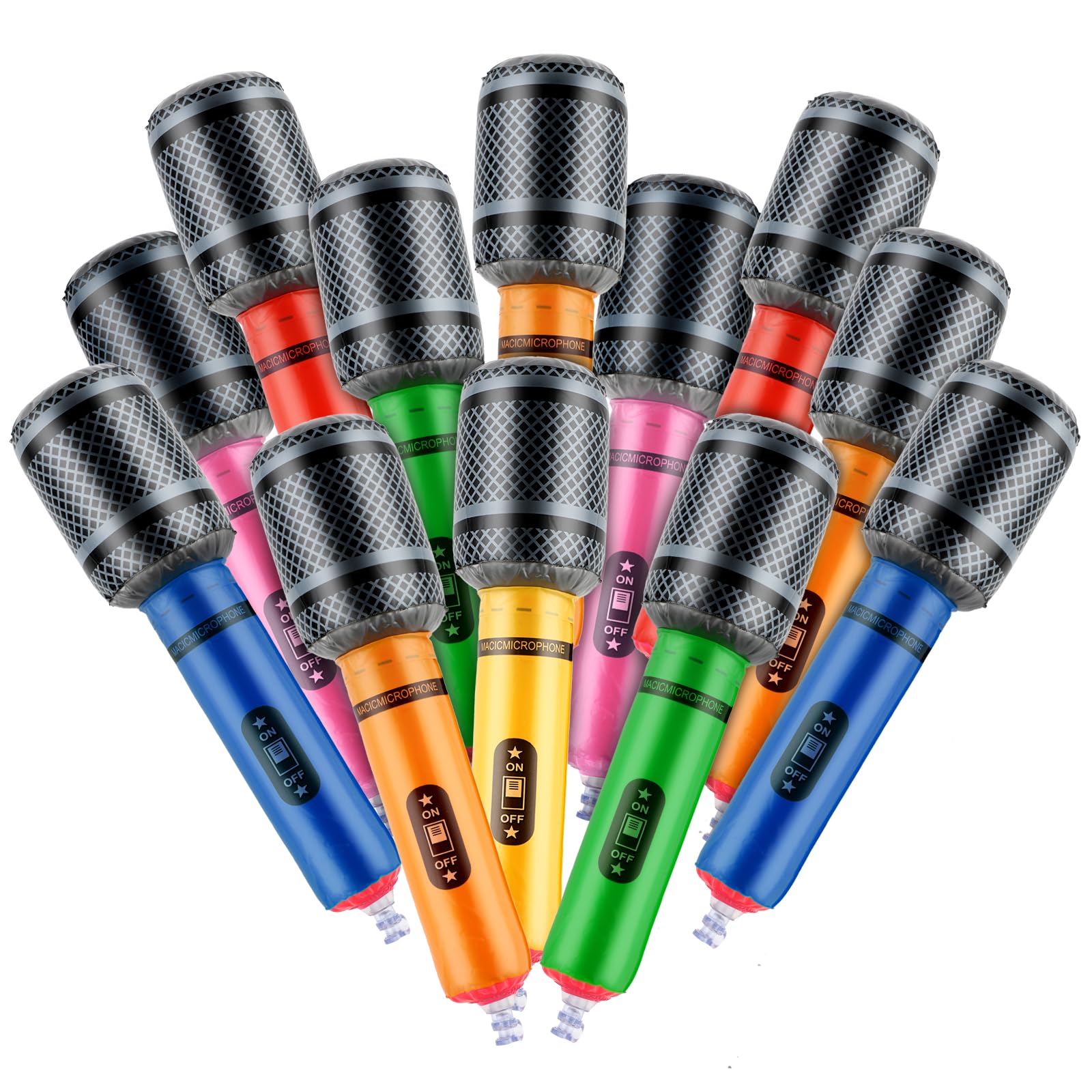 Microphone gonflable de 25 cm Thinp, 12 pièces - Microphones à gonfler de couleurs assorties - Accessoires de faux microphone pour fête à thème musical des années 80 et 90 - Décorations de fête