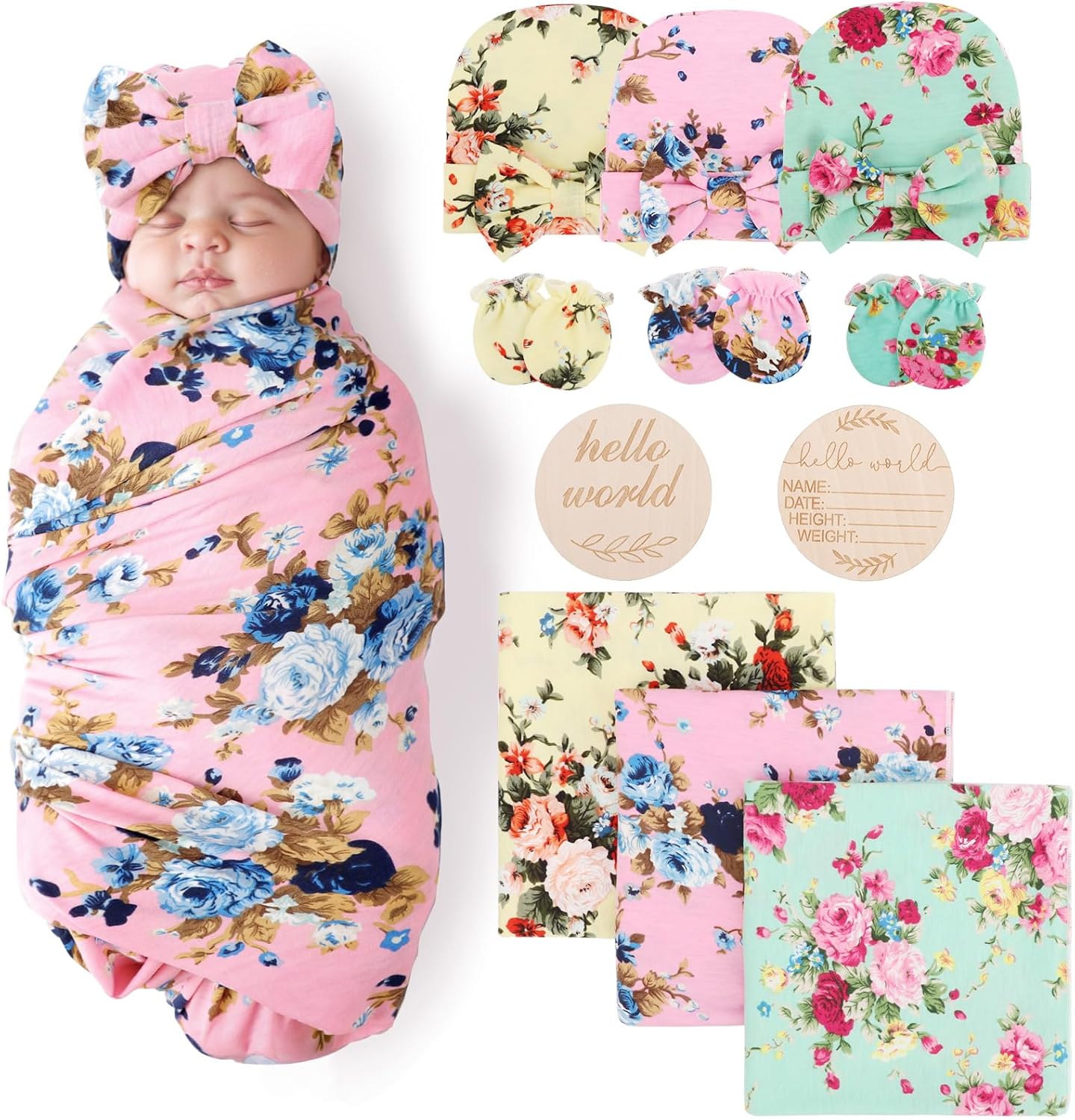 AQOKKA Newborn Receiving Blanket with Bow Hat Mittens Set Nursery Swaddle Wrap Toddler Swaddles for Newborn Baby Boy Girl