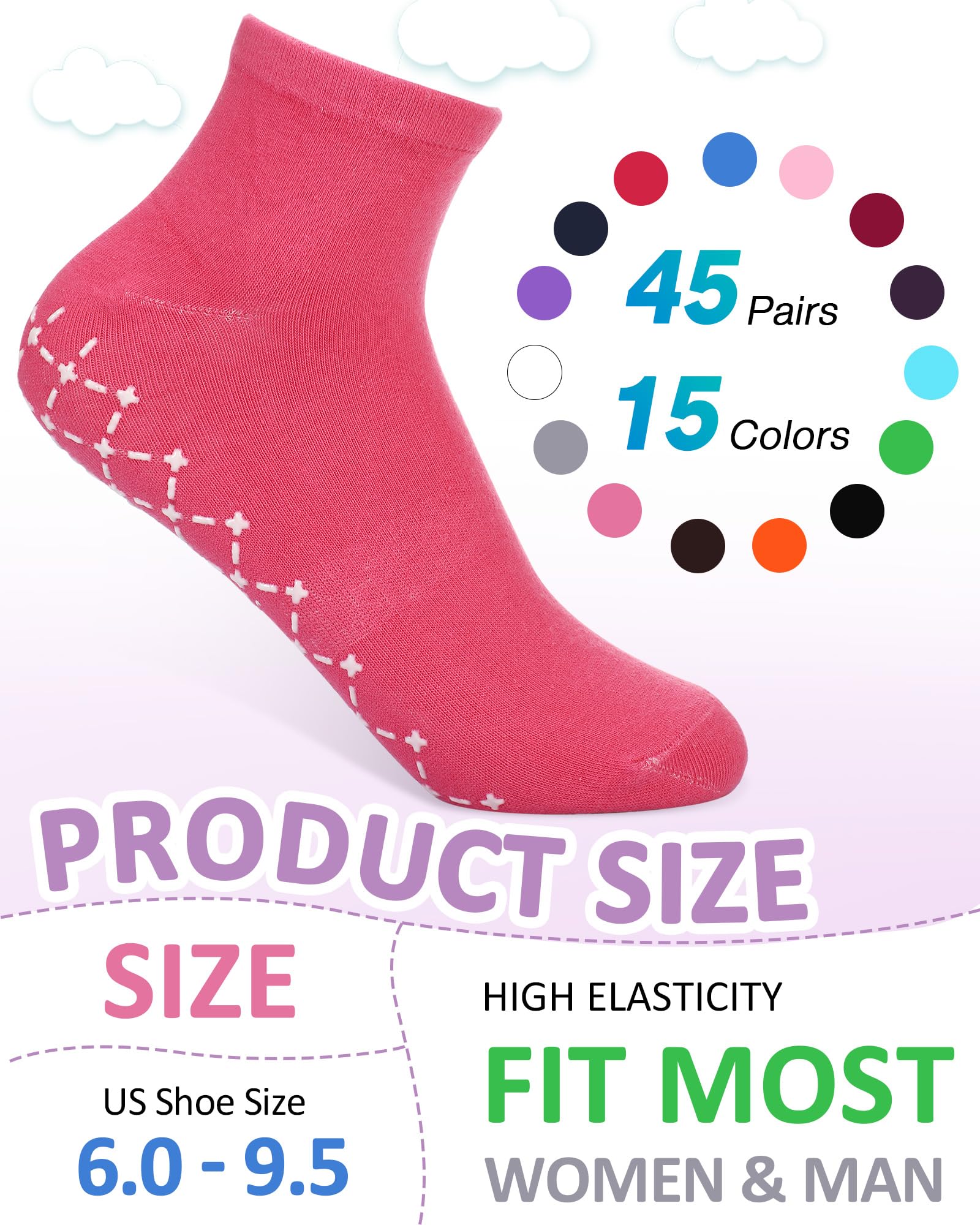 Vicenpal 45 pares de calcetines de yoga antideslizantes para mujeres y hombres, con patrón de pies, calcetines antideslizantes para hospital, barré, pilates, 15 colores