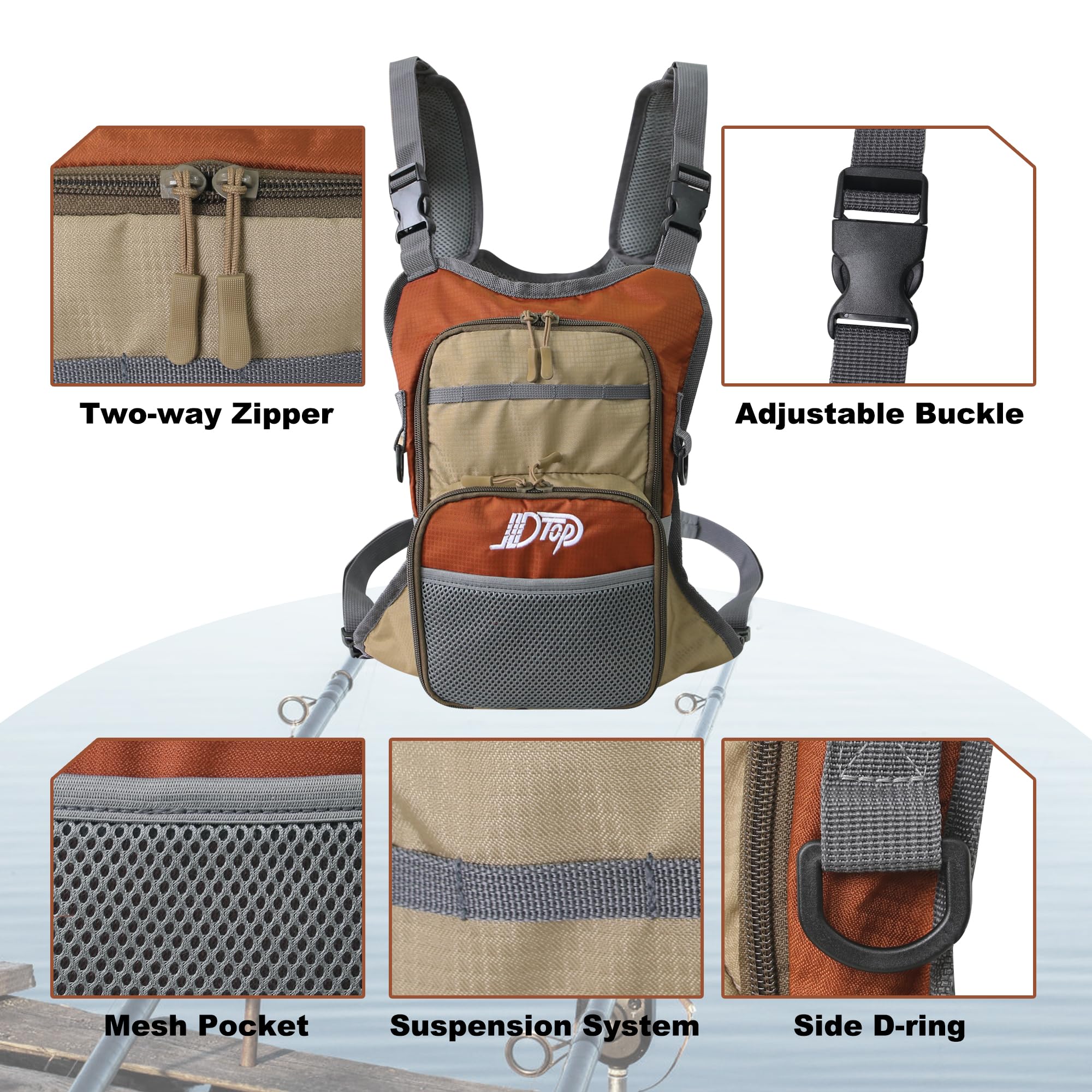 Paquete de Cofre de Pesca con Mosca, Mochila de Pesca pequeña y Ligera, con múltiples Compartimentos, Bolsa de Pesca pequeña para hasta 4 Cajas de Aparejos/Moscas, Naranja y Gris, Bolsas de