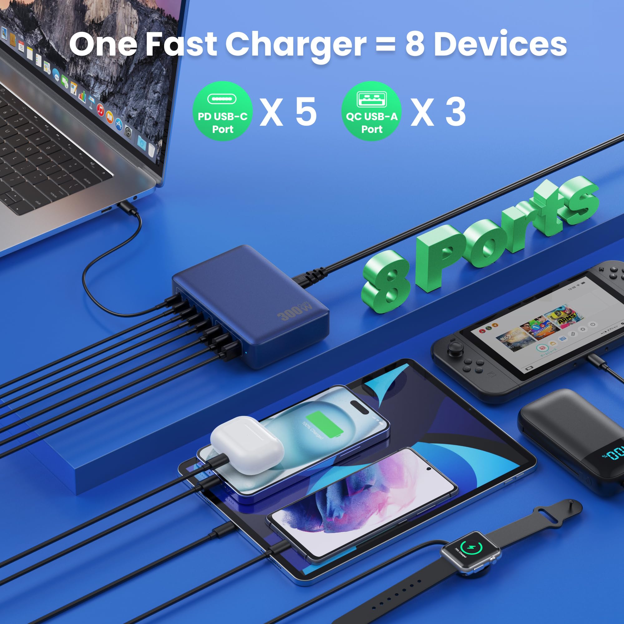 300W Caricatore USB C Multiplo, GaN Ⅳ 8 Port 100W PD Caricabatterie USB C PPS QC Alimentatore USB Multipla Stazione di Ricarica Presa USB per MacBook Air/Pro iPhone iPad Samsung SteamDeck-Blu Scuro