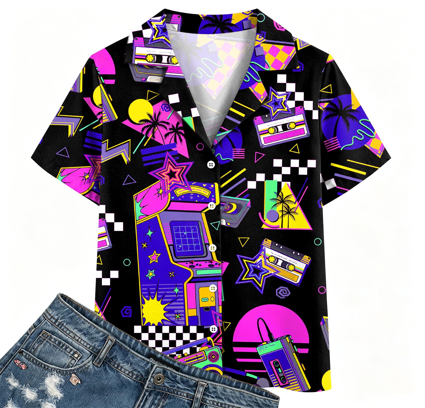 VVNTY Chemise hawaïenne pour femme, années 80 et 90, boutonnée, rétro, été, fête, chemisier à manches courtes