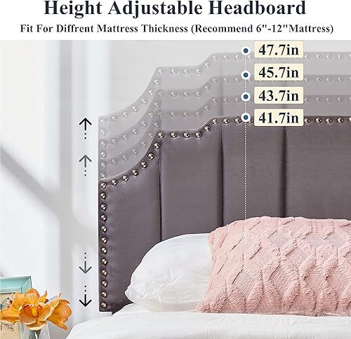 Miniatura 83 de VECELO Base de cama tamaño Queen tapizada con cabecera ajustable copetuda/base de colchón con soporte de listones de madera, fácil montaje, azul