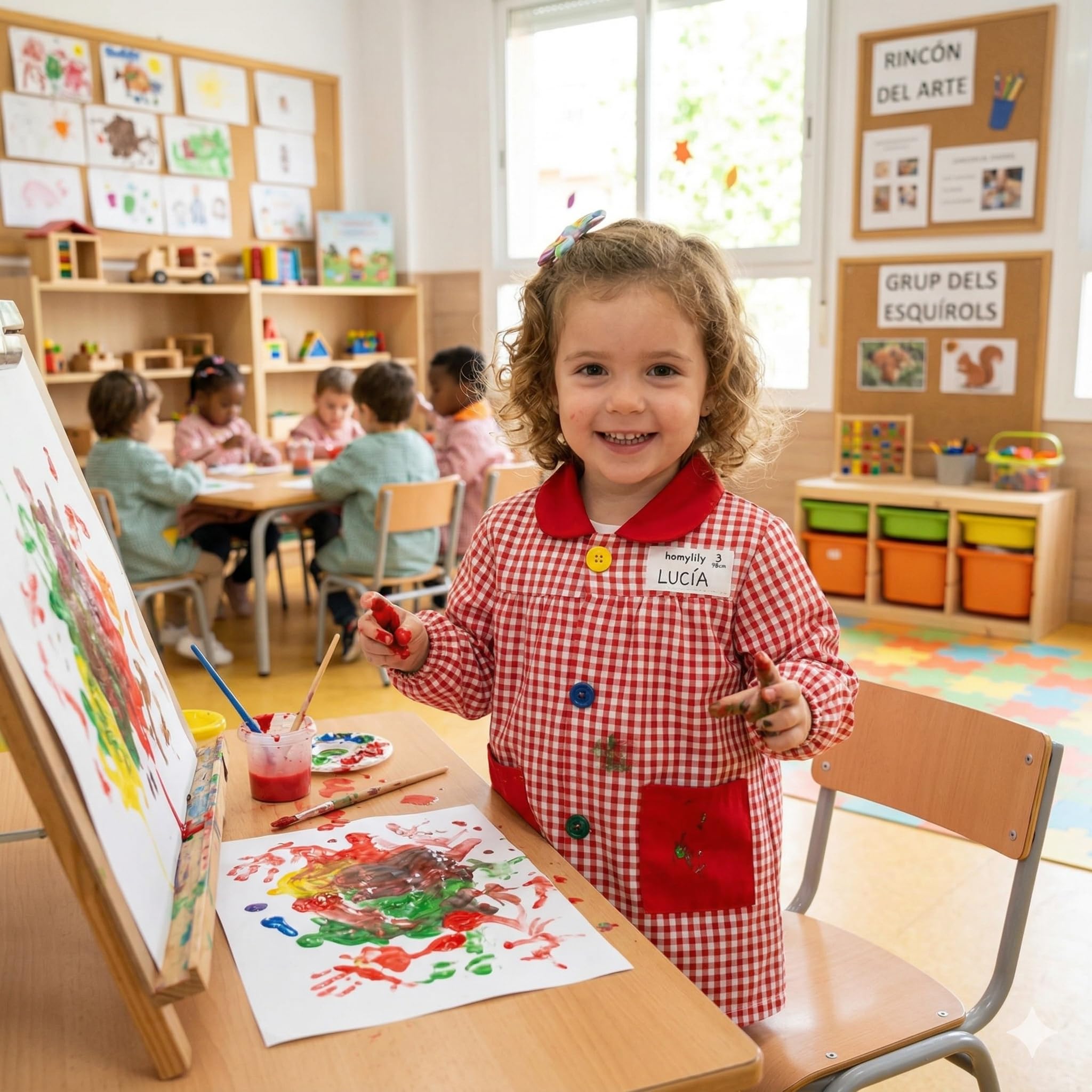 HOMYBABY® Babi escolar infantil para guarderia y colegio con botones - Bata escolar para niño o niña - Baby escolar infantil fácil de poner y quitar con bolsillos y puños cerrados (Red, Size 1)