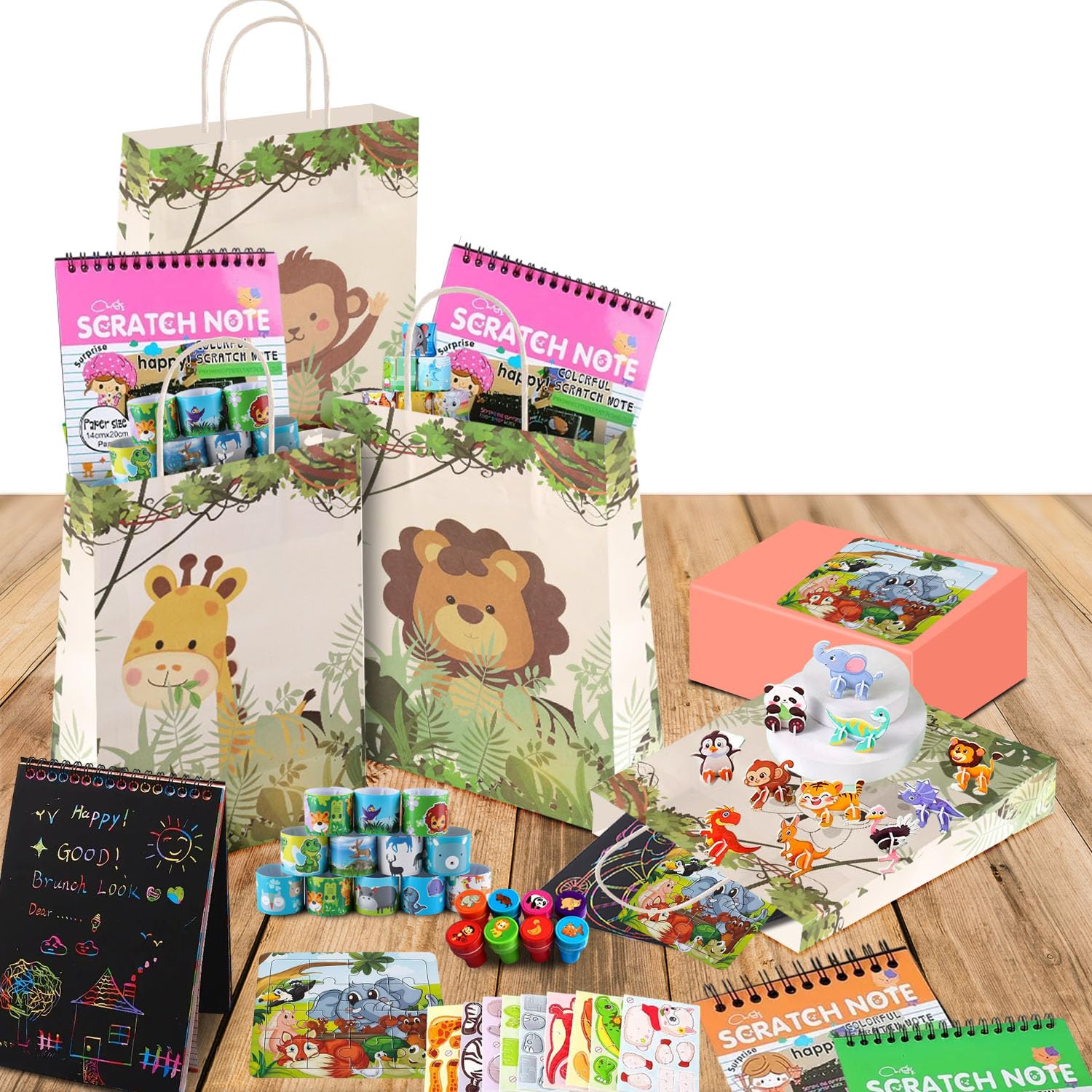 Party Propz Jungle Theme for Kids with Gift Bags - 70Pcs Pack for 10 Guests| Birthday for Kids| Pack of 10 Stamps,Scratch Sheets,Tattoos,Slap Bands,Sharpners,Gift Bags,Multicolor-image-13